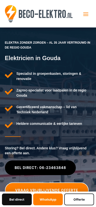 Homepage van beco-elektro.nl op een telefoon, met bel-, WhatsApp- en offerteknoppen