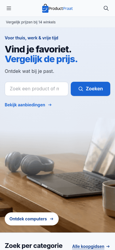 De mobiele homepage van ProductPraat