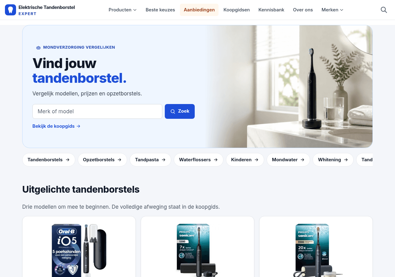 Homepage van Elektrische Tandenborstel Expert op desktop, met zoekveld en uitgelichte tandenborstels
