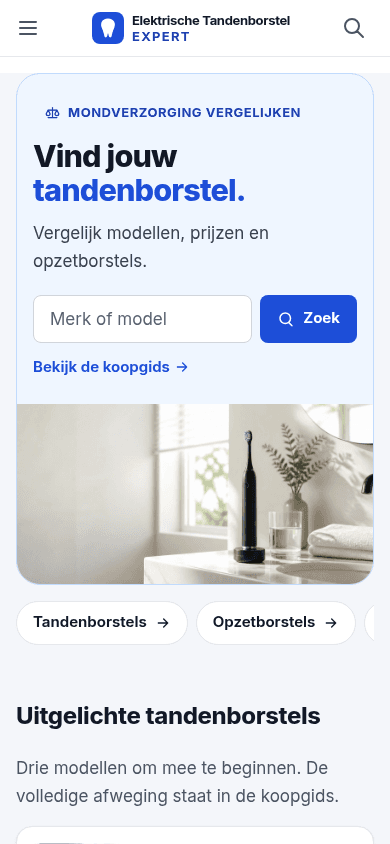 Homepage van Elektrische Tandenborstel Expert op een telefoon