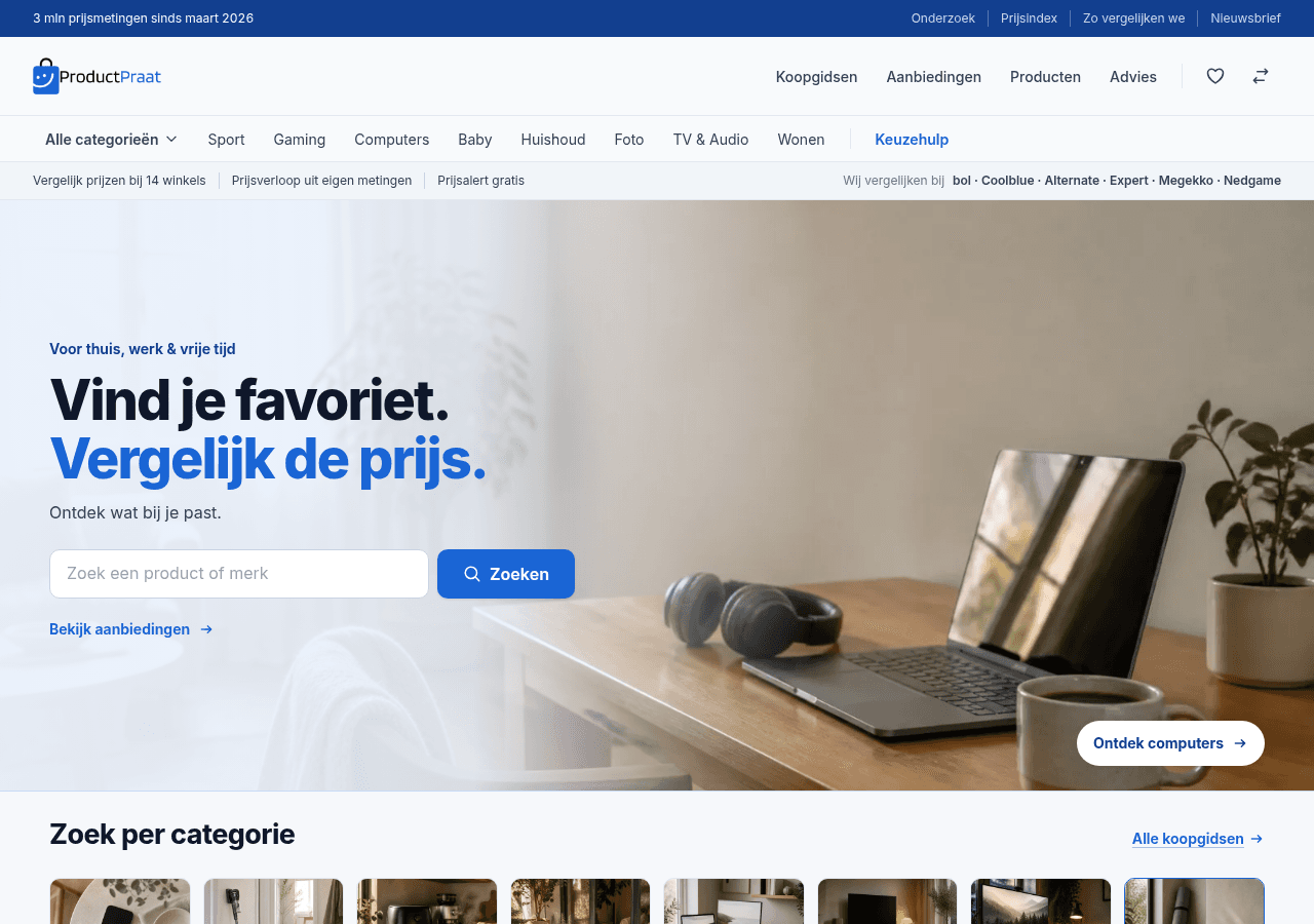 Homepage van ProductPraat op desktop, met zoekveld, categorieën en prijsvergelijking bij 14 winkels