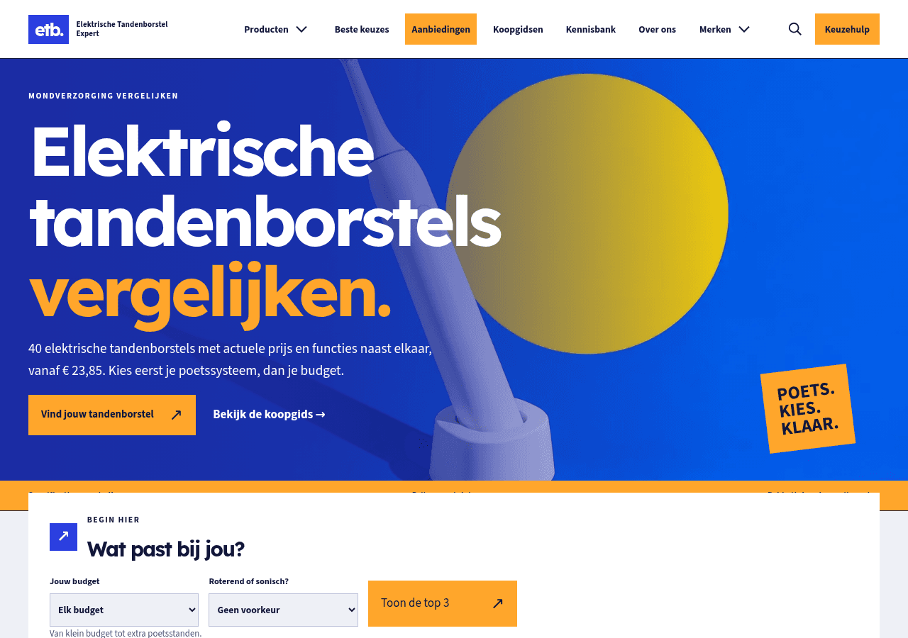 Homepage van Elektrische Tandenborstel Expert op desktop, met de kop Elektrische tandenborstels vergelijken, een keuzehulp en een menu met koopgidsen en kennisbank