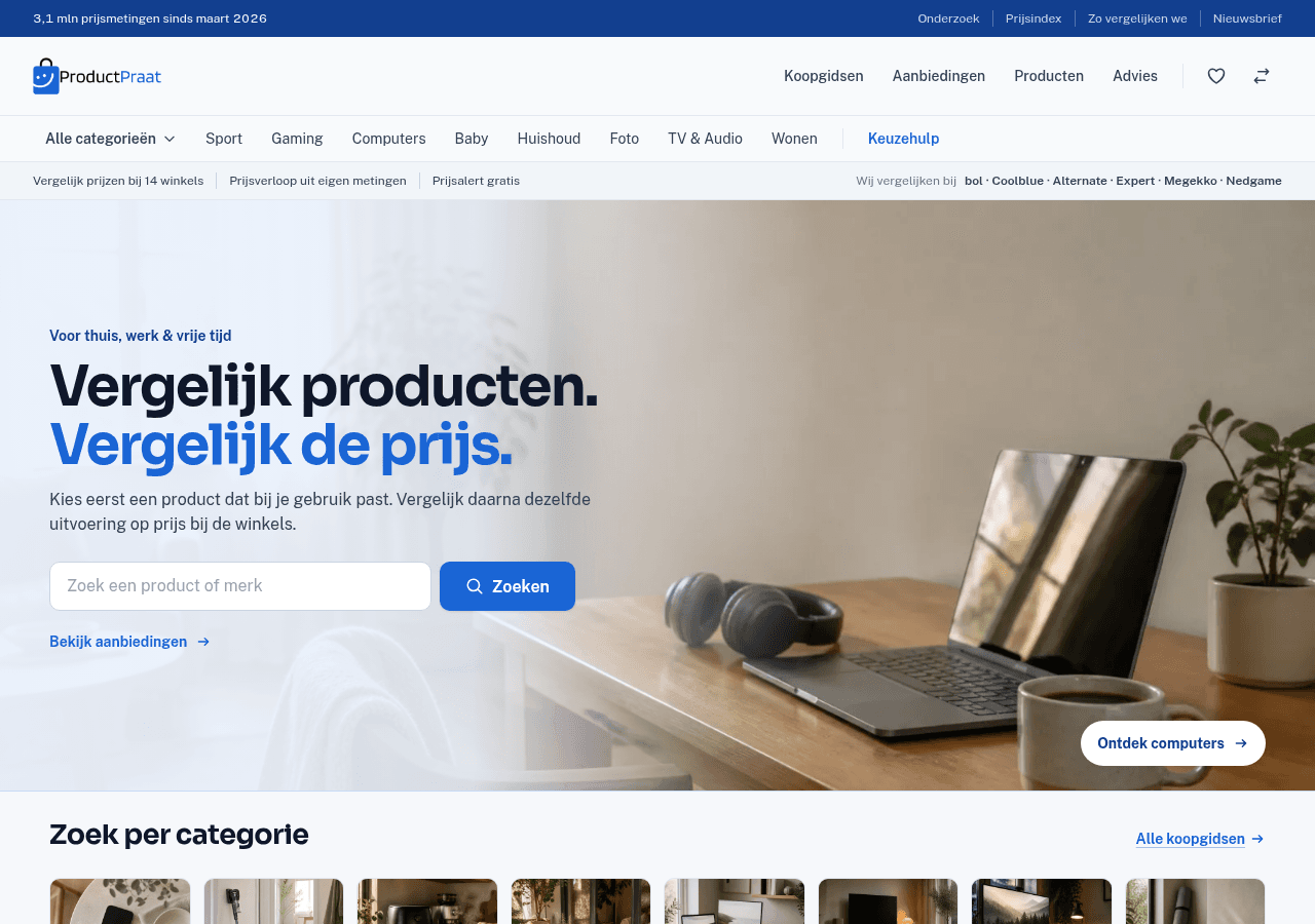 Homepage van ProductPraat op desktop, met zoekveld, categorieën en prijsvergelijking bij 14 winkels