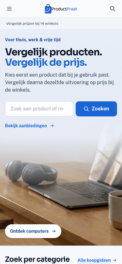 Homepage van ProductPraat op een telefoon