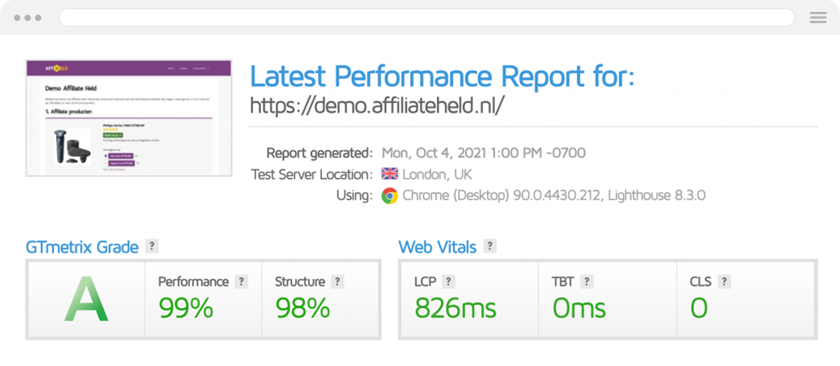 Affiliate Held snelheidstest GTmetrix resultaat