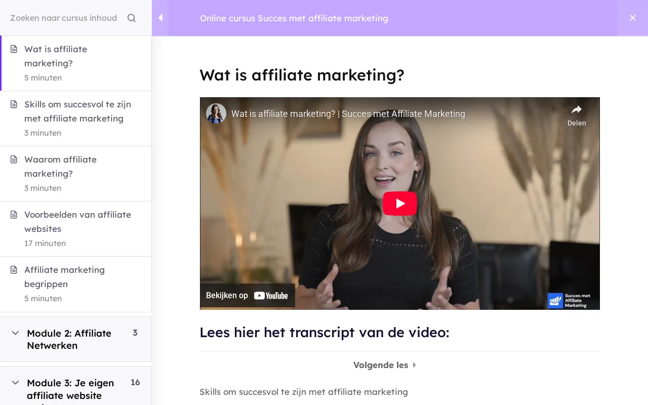Screenshot les: wat is affiliate marketing - cursus Succes Met Affiliate Marketing