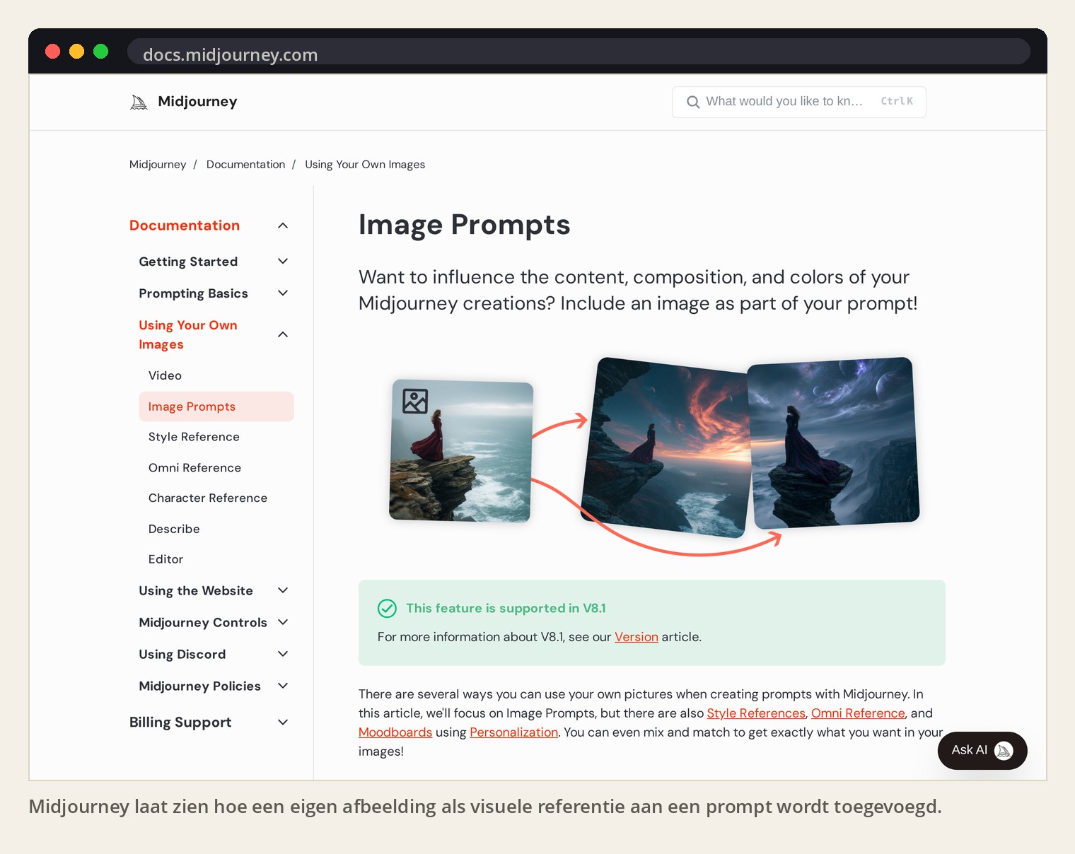 Midjourney laat zien hoe een eigen afbeelding als visuele referentie aan een prompt wordt toegevoegd.