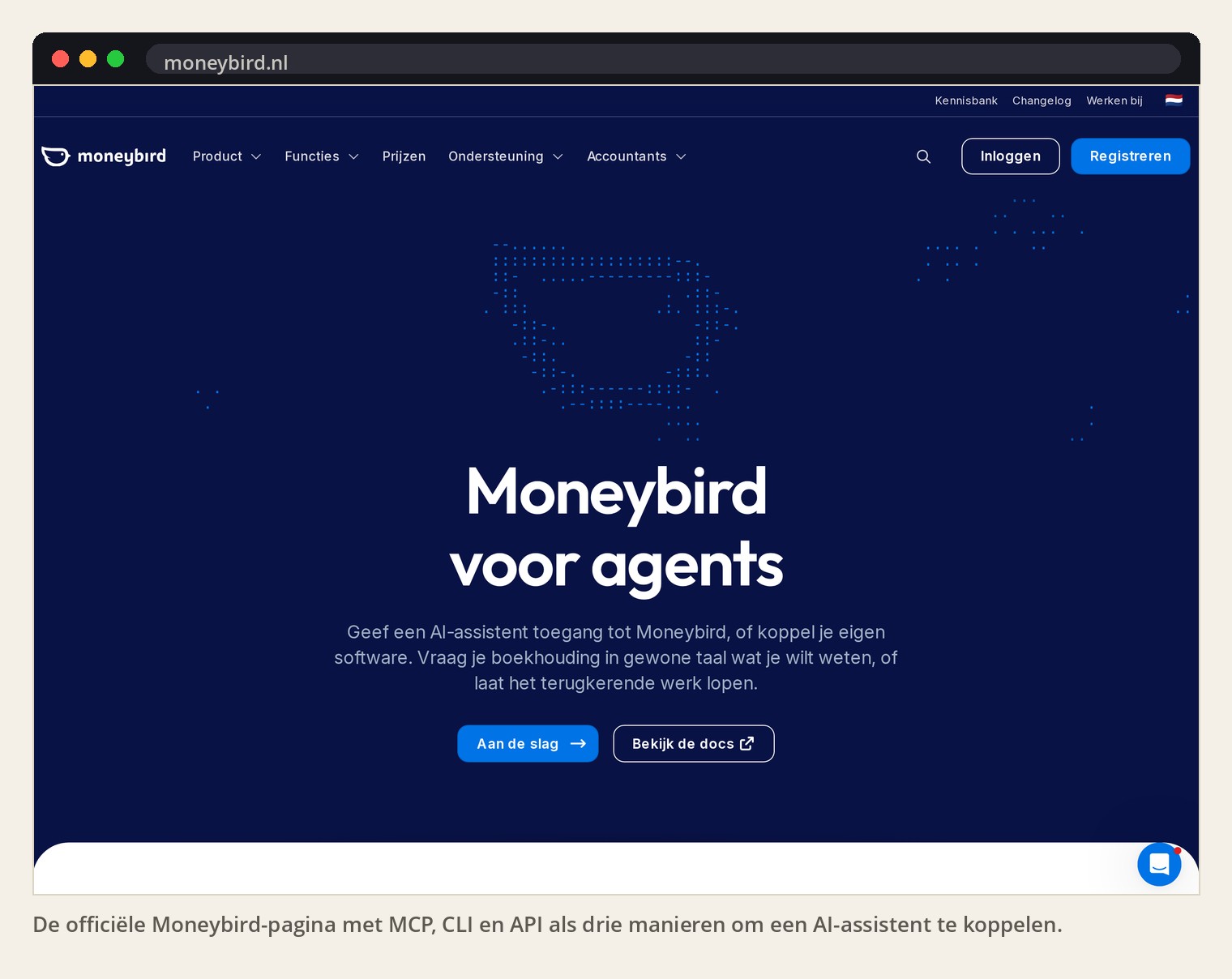 De officiële Moneybird-pagina met MCP, CLI en API als drie manieren om een AI-assistent te koppelen.