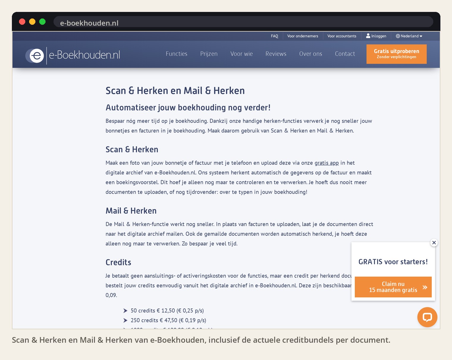 Scan & Herken en Mail & Herken van e-Boekhouden, inclusief de actuele creditbundels per document.