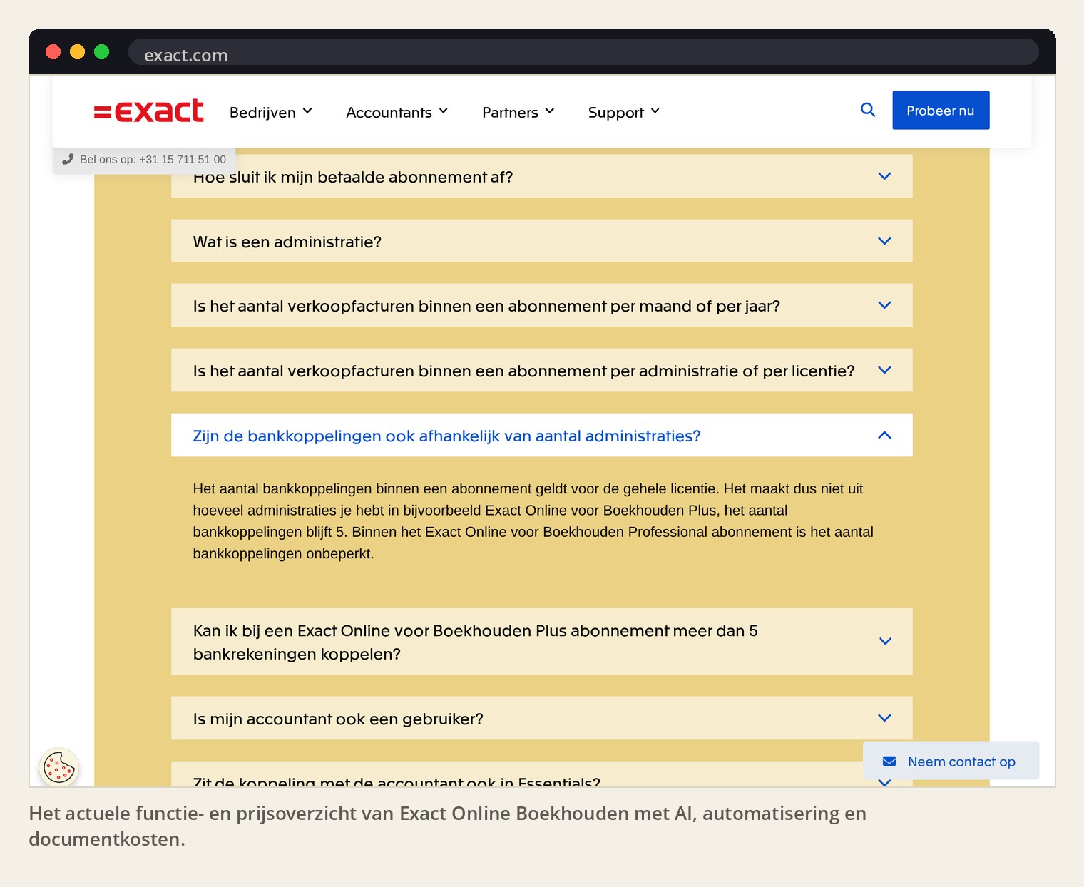 Het actuele functie- en prijsoverzicht van Exact Online Boekhouden met AI, automatisering en documentkosten.