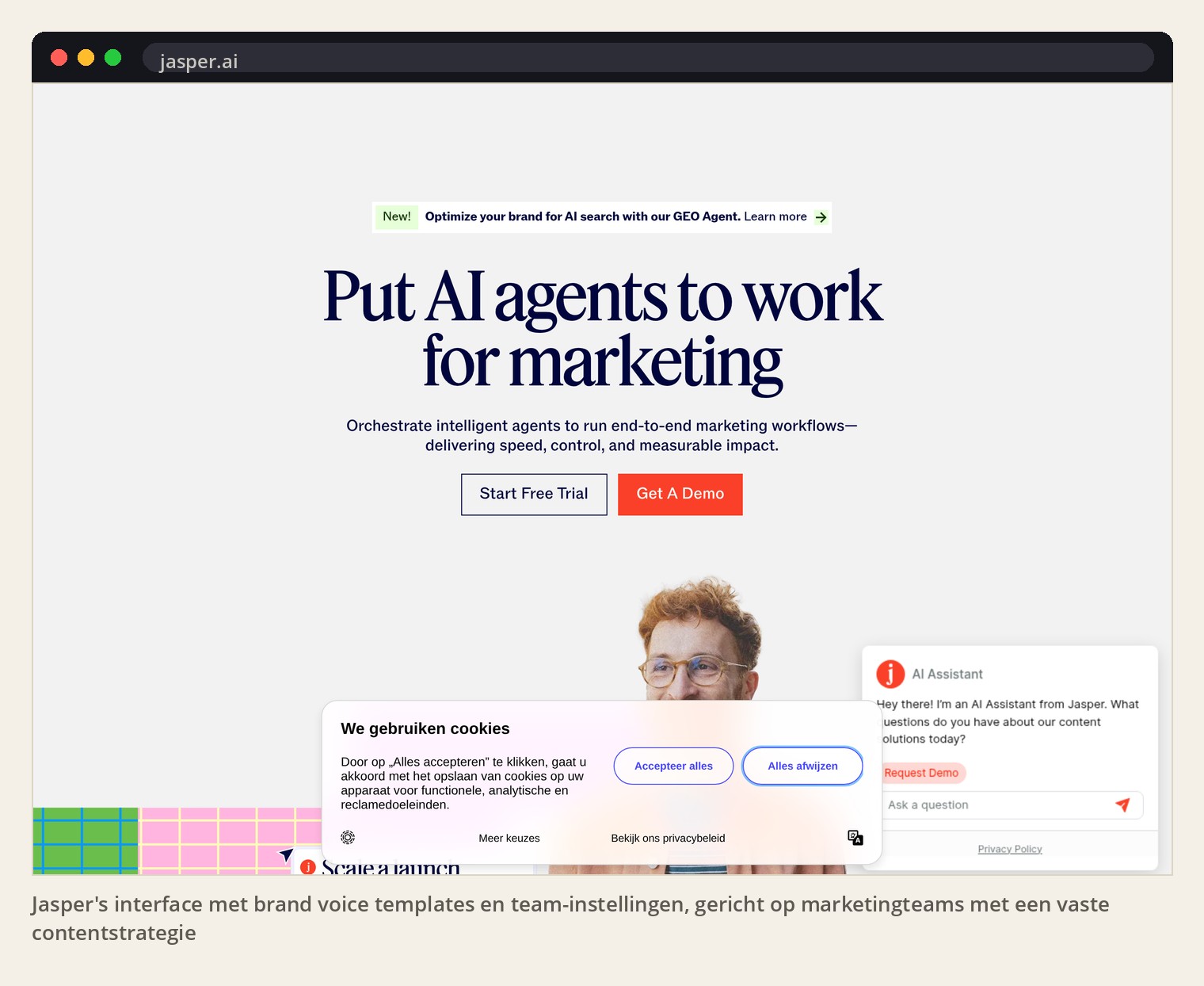 Jasper's interface met brand voice templates en team-instellingen, gericht op marketingteams met een vaste contentstrategie