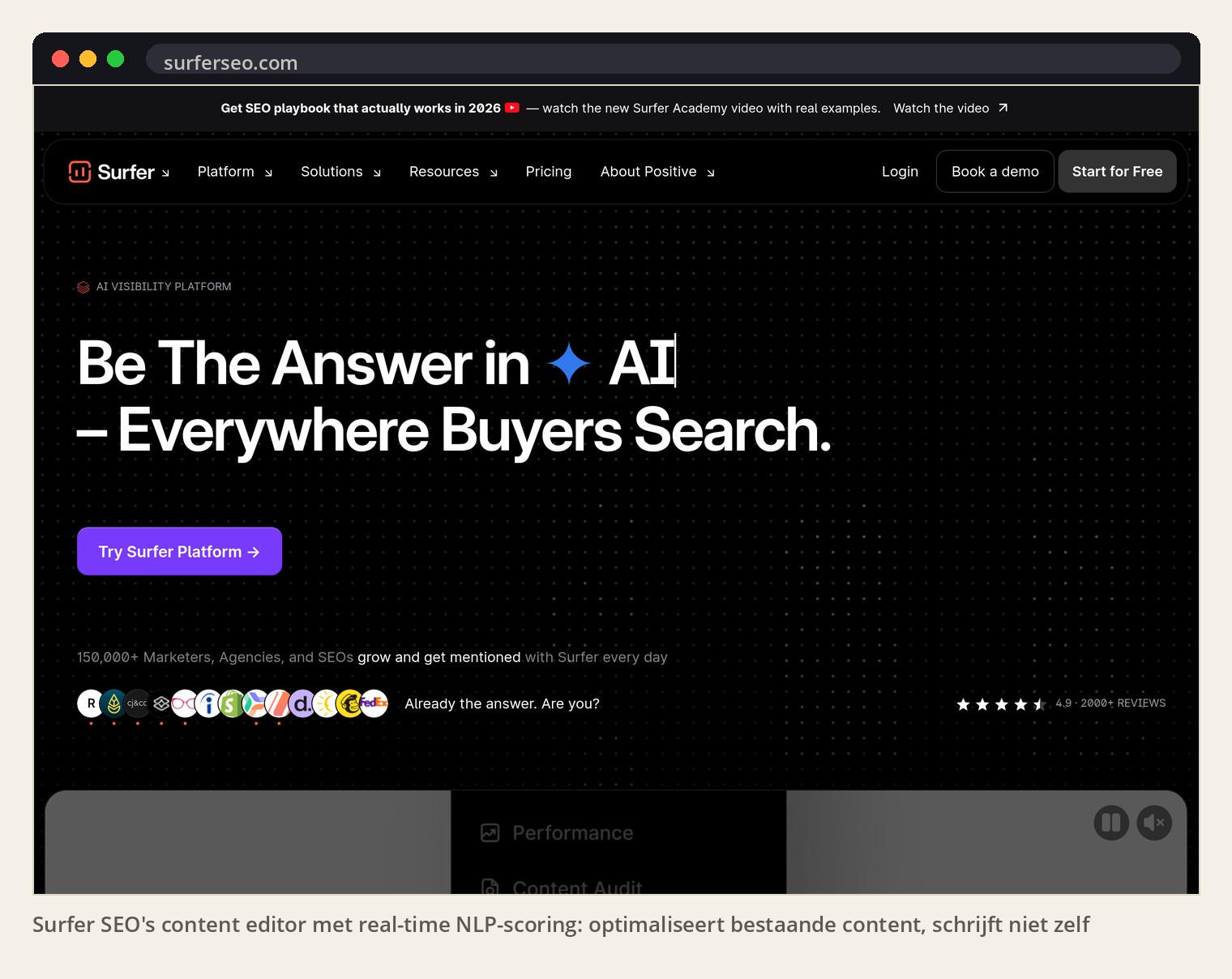 Surfer SEO's content editor met real-time NLP-scoring: optimaliseert bestaande content, schrijft niet zelf