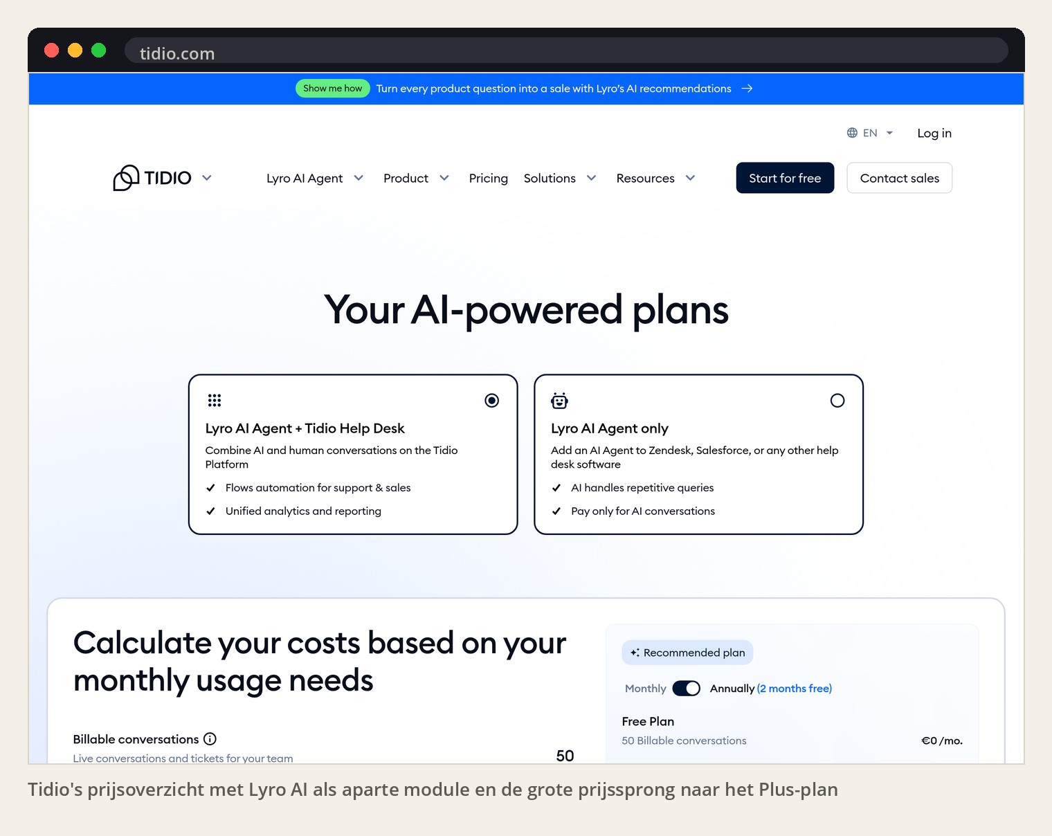 Tidio's prijsoverzicht met Lyro AI als aparte module en de grote prijssprong naar het Plus-plan