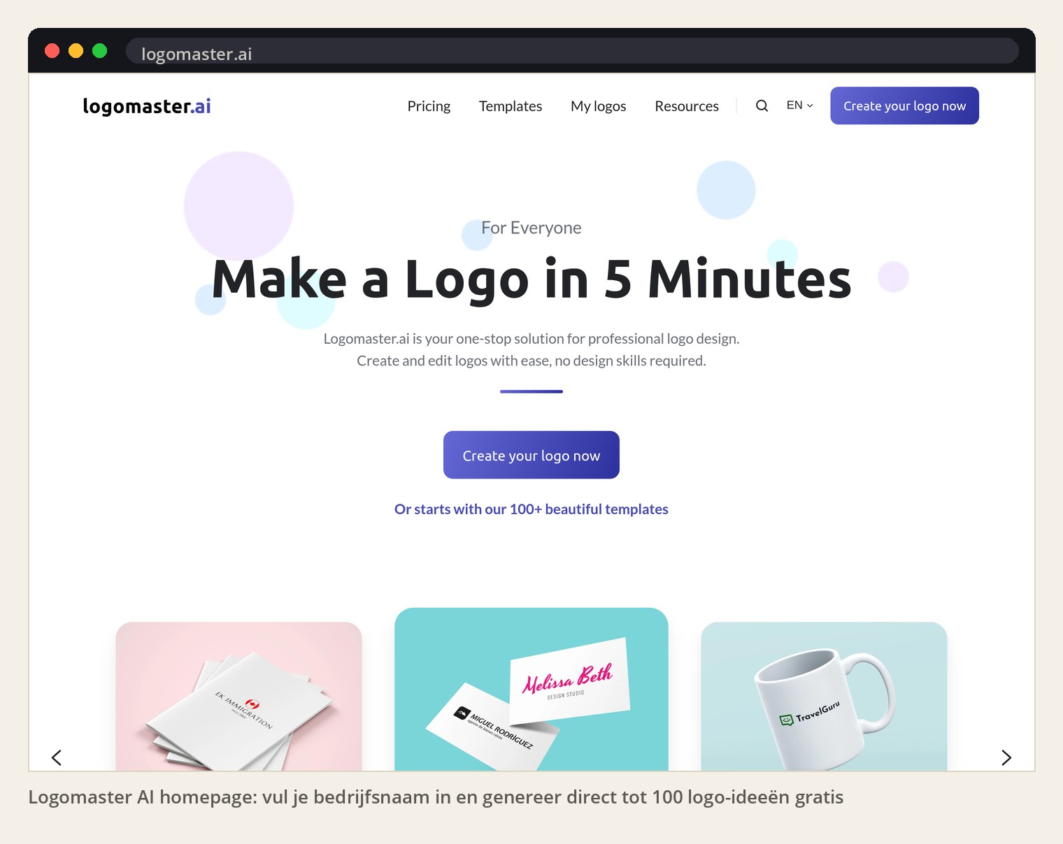 Logomaster AI homepage: vul je bedrijfsnaam in en genereer direct tot 100 logo-ideeën gratis