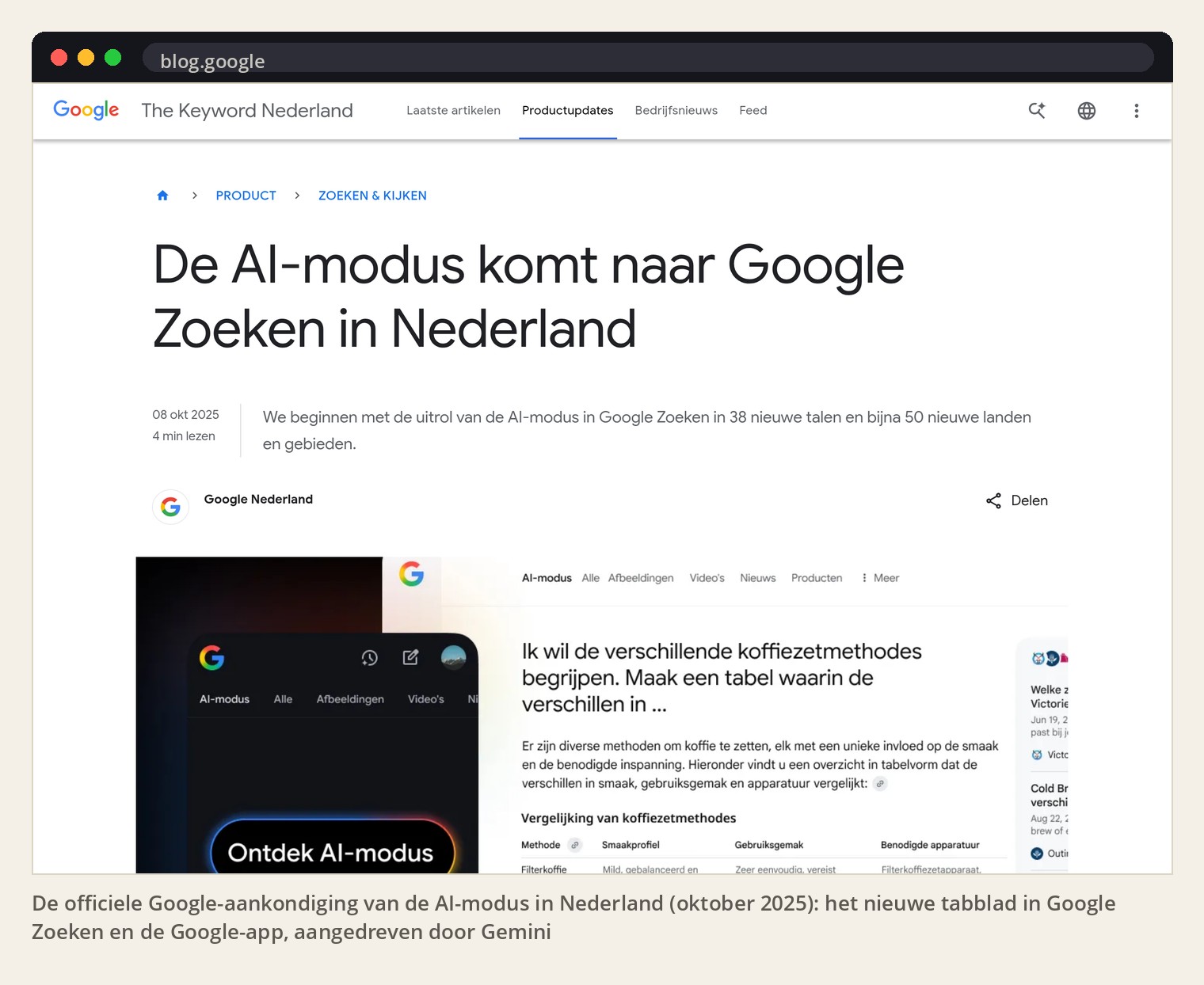 De officiele Google-aankondiging van de AI-modus in Nederland (oktober 2025): het nieuwe tabblad in Google Zoeken en de Google-app, aangedreven door Gemini