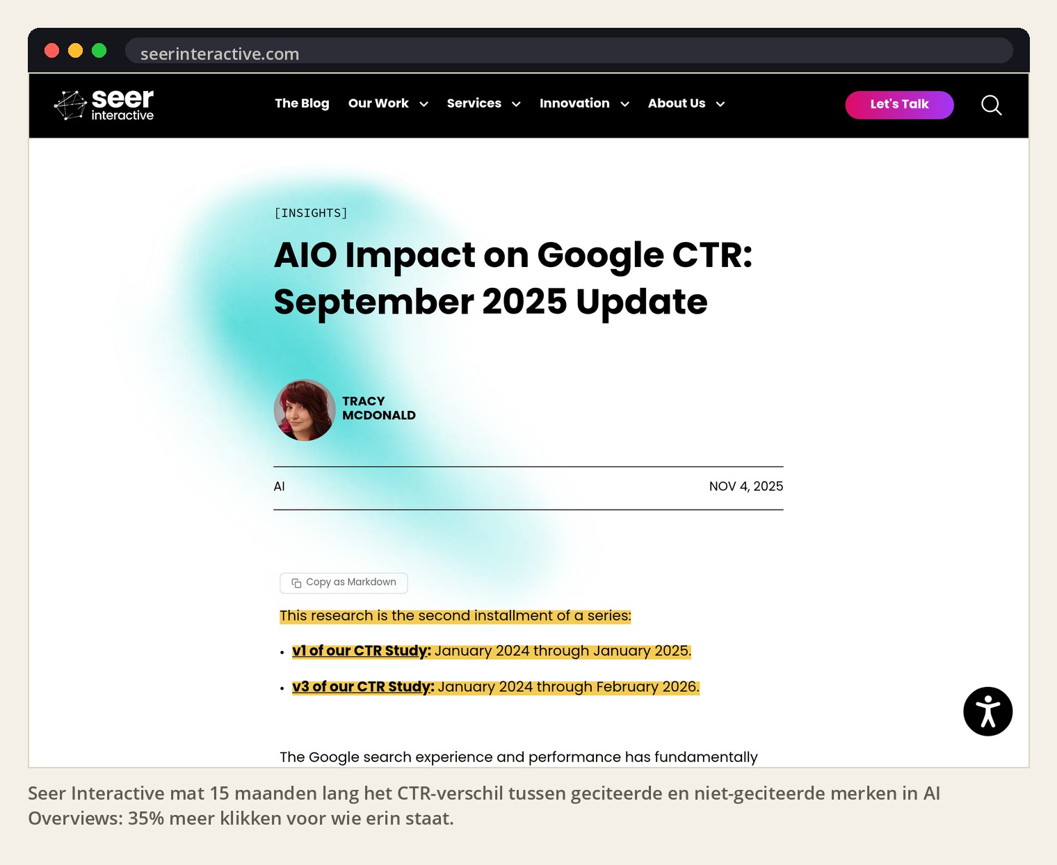 Seer Interactive mat 15 maanden lang het CTR-verschil tussen geciteerde en niet-geciteerde merken in AI Overviews: 35% meer klikken voor wie erin staat.