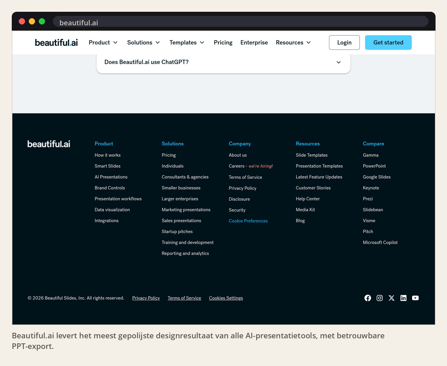Beautiful.ai levert het meest gepolijste designresultaat van alle AI-presentatietools, met betrouwbare PPT-export.