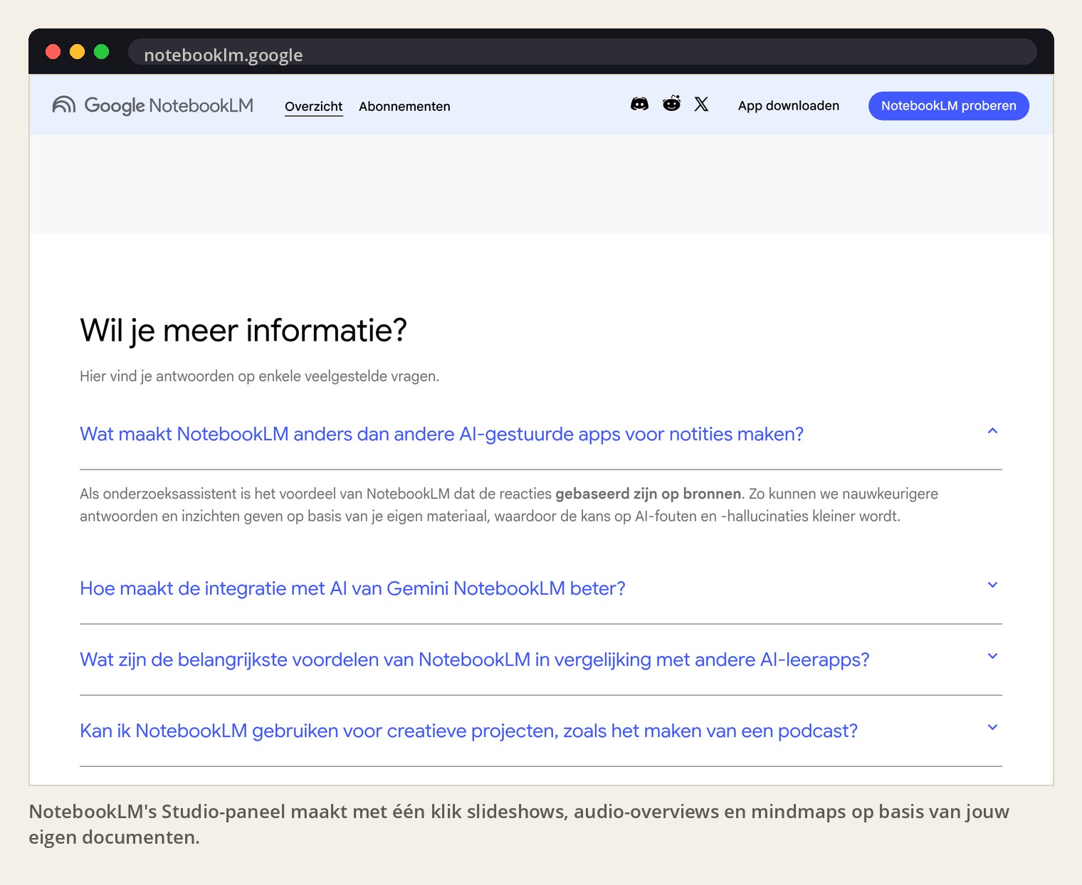 NotebookLM's Studio-paneel maakt met één klik slideshows, audio-overviews en mindmaps op basis van jouw eigen documenten.