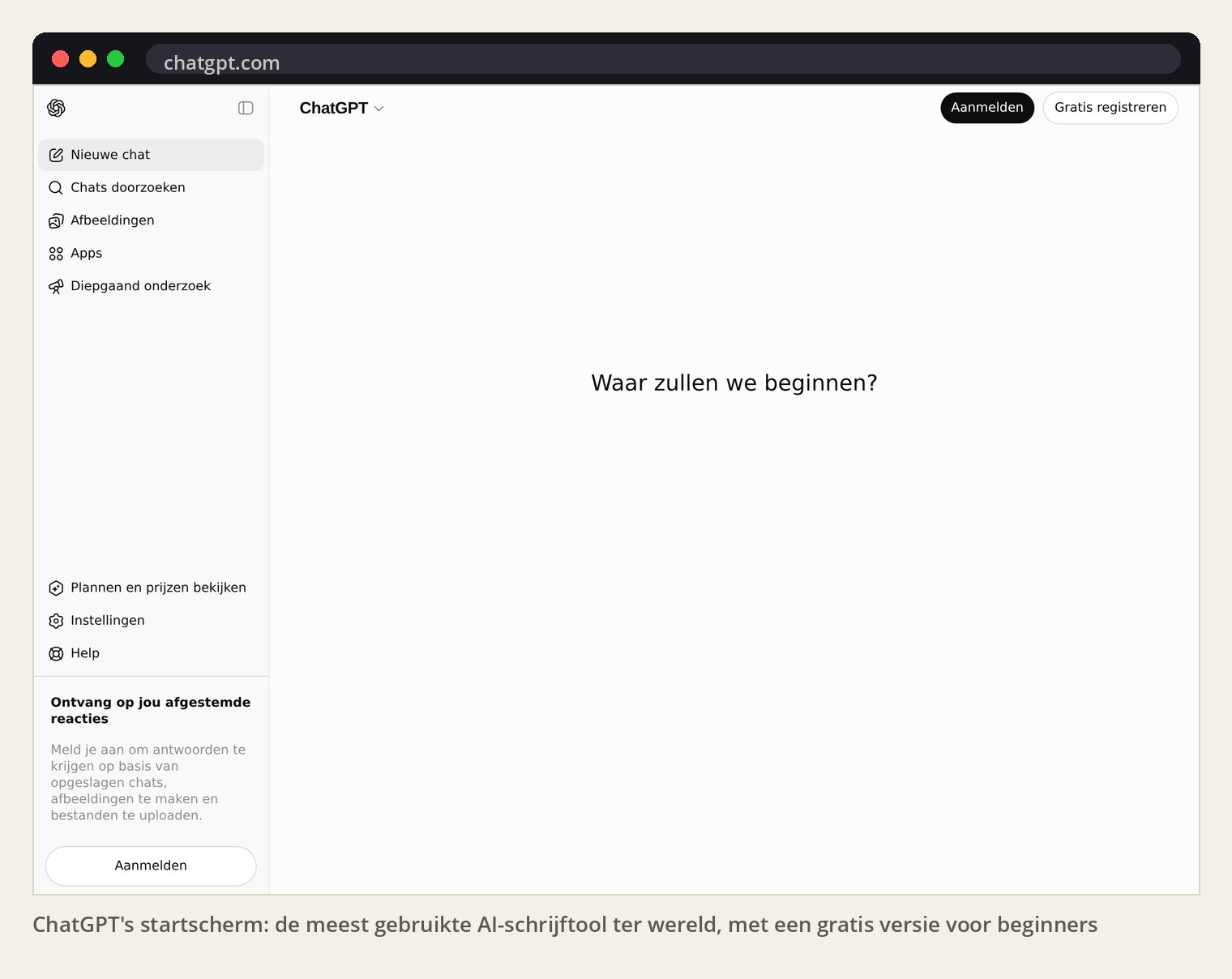 ChatGPT's startscherm: de meest gebruikte AI-schrijftool ter wereld, met een gratis versie voor beginners