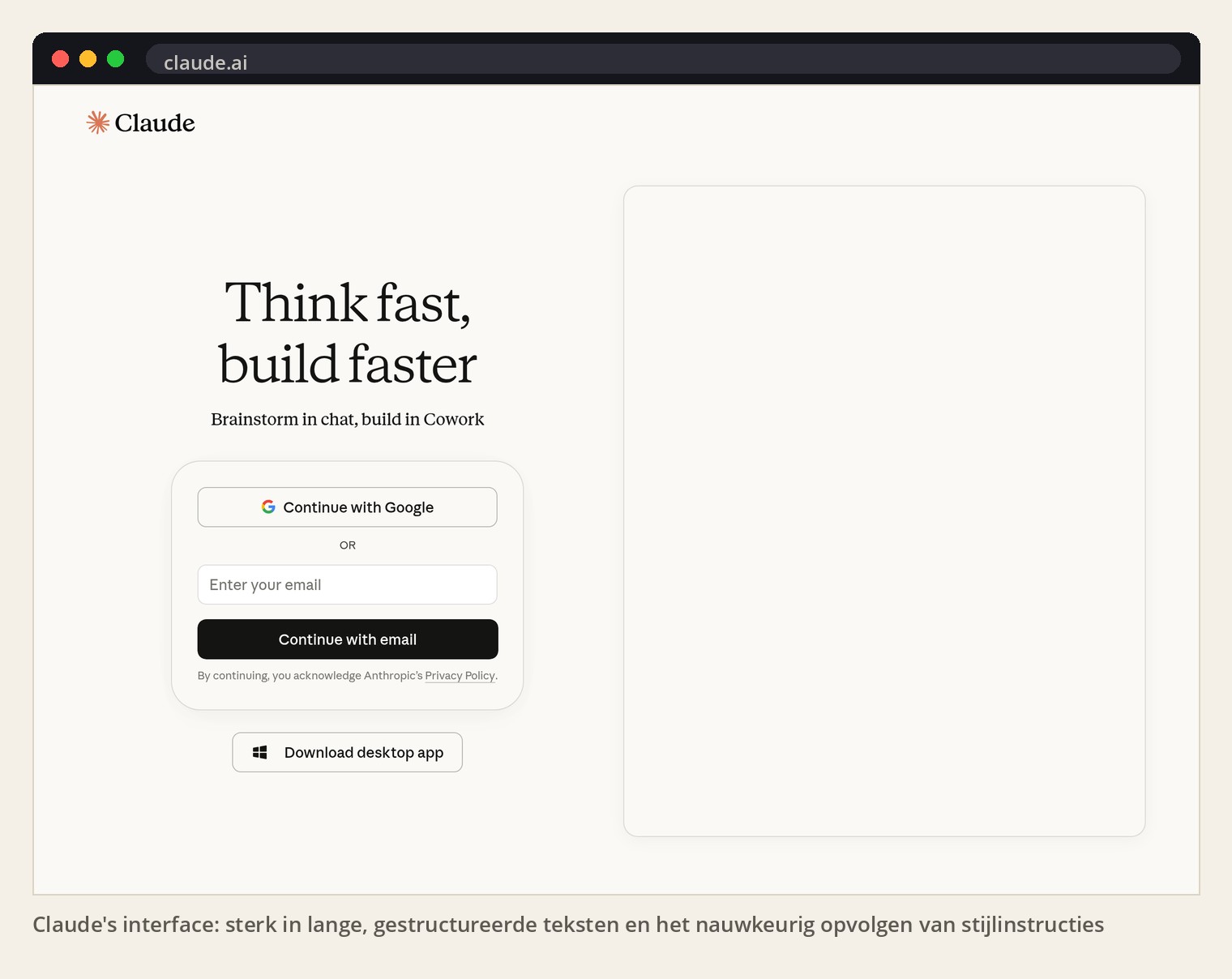 Claude's interface: sterk in lange, gestructureerde teksten en het nauwkeurig opvolgen van stijlinstructies