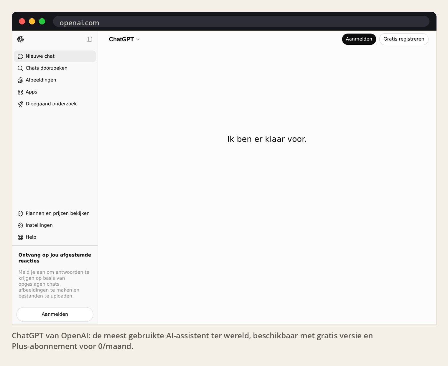 ChatGPT van OpenAI: de meest gebruikte AI-assistent ter wereld, beschikbaar met gratis versie en Plus-abonnement voor $20/maand.