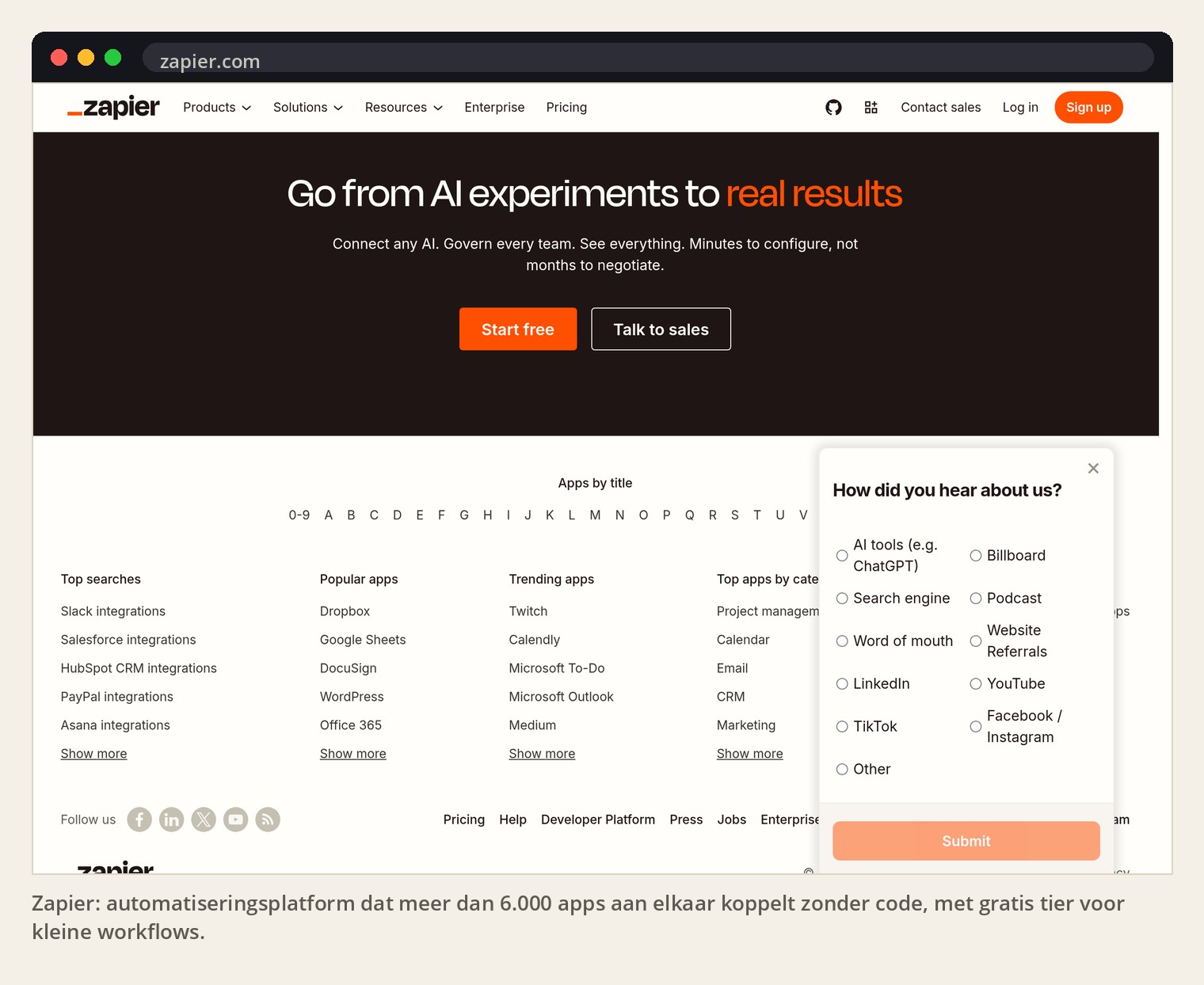 Zapier: automatiseringsplatform dat meer dan 6.000 apps aan elkaar koppelt zonder code, met gratis tier voor kleine workflows.