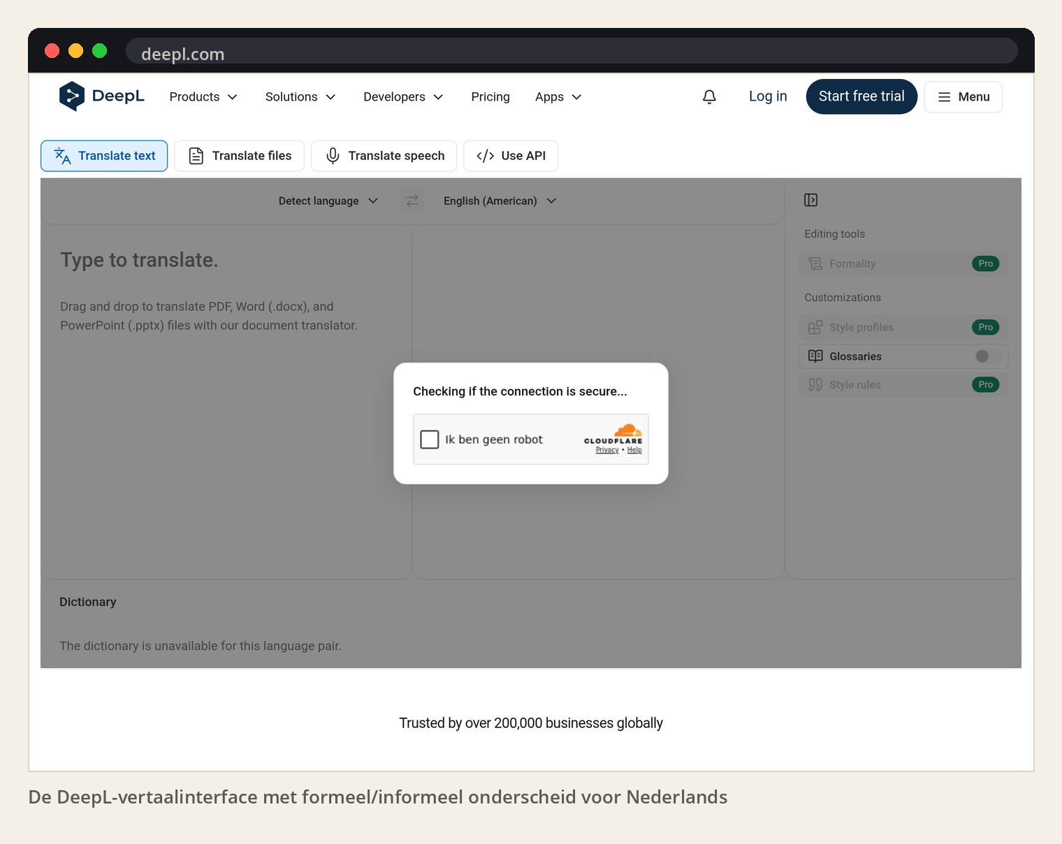 De DeepL-vertaalinterface met formeel/informeel onderscheid voor Nederlands