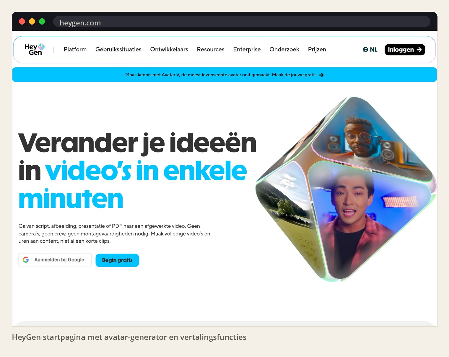 HeyGen startpagina met avatar-generator en vertalingsfuncties