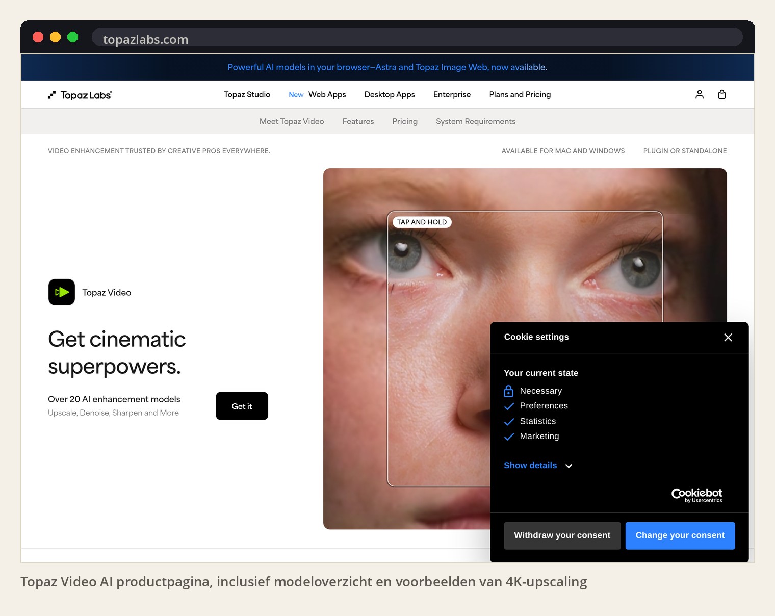Topaz Video AI productpagina, inclusief modeloverzicht en voorbeelden van 4K-upscaling