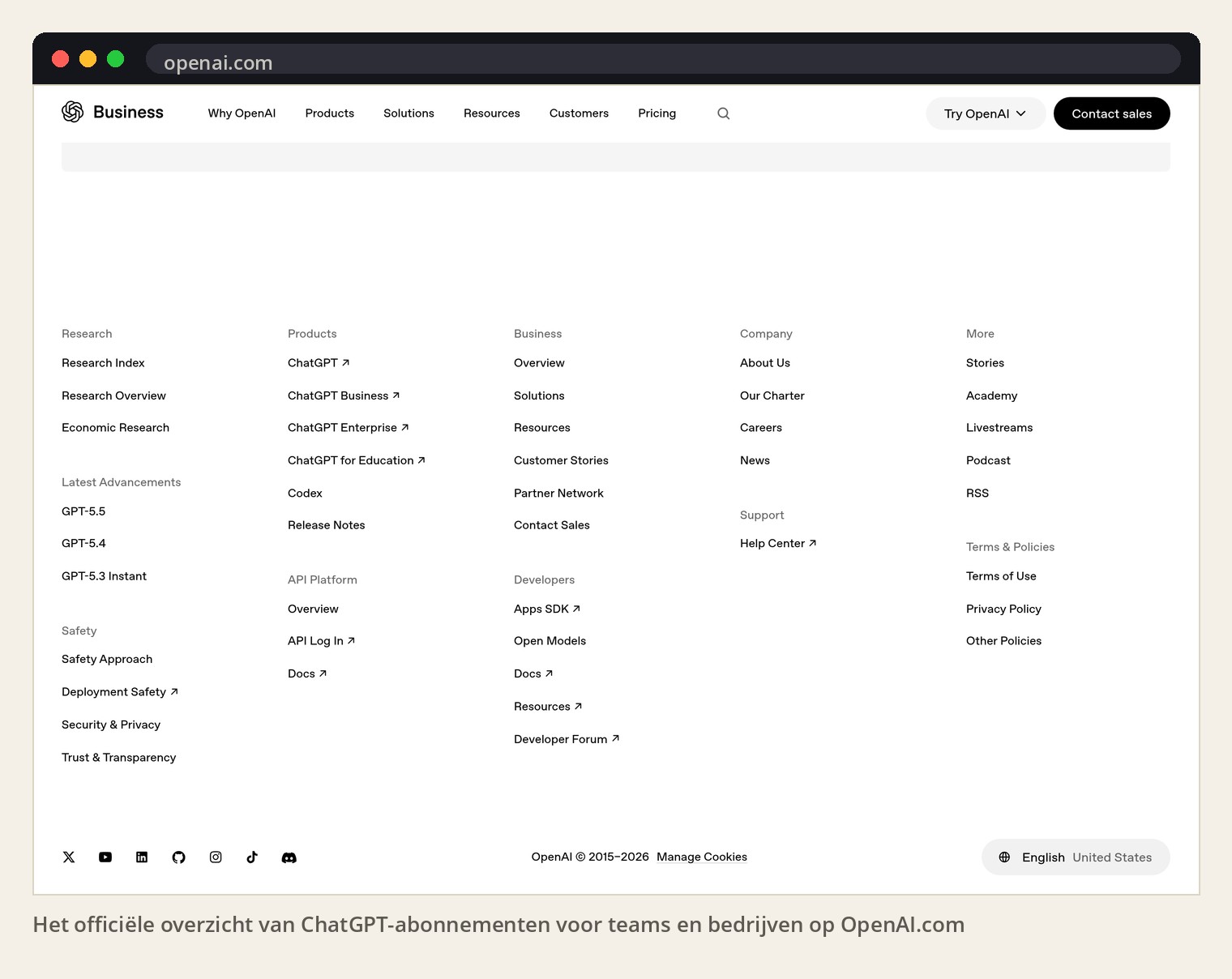 Het officiële overzicht van ChatGPT-abonnementen voor teams en bedrijven op OpenAI.com