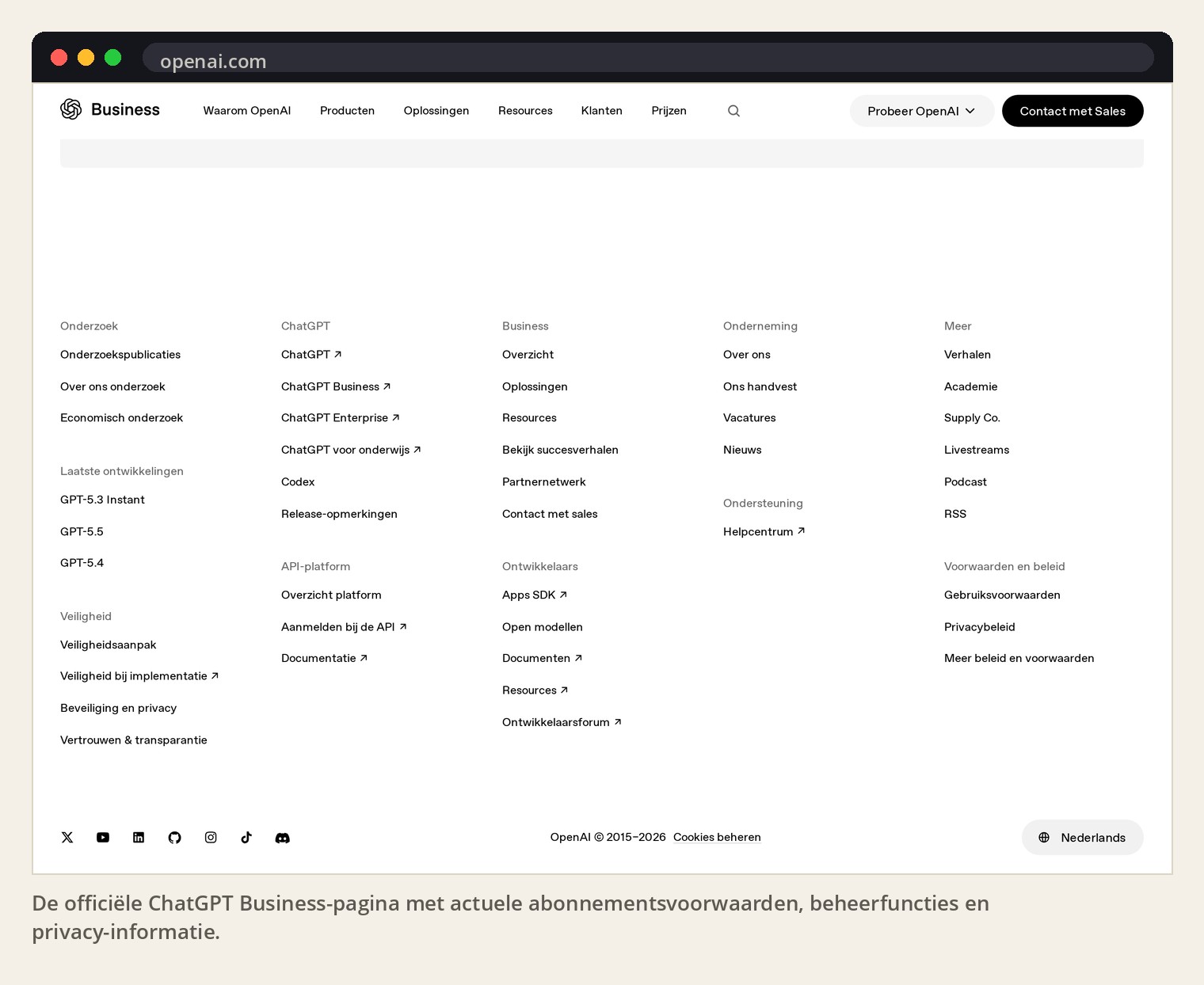 De officiële ChatGPT Business-pagina met actuele abonnementsvoorwaarden, beheerfuncties en privacy-informatie.