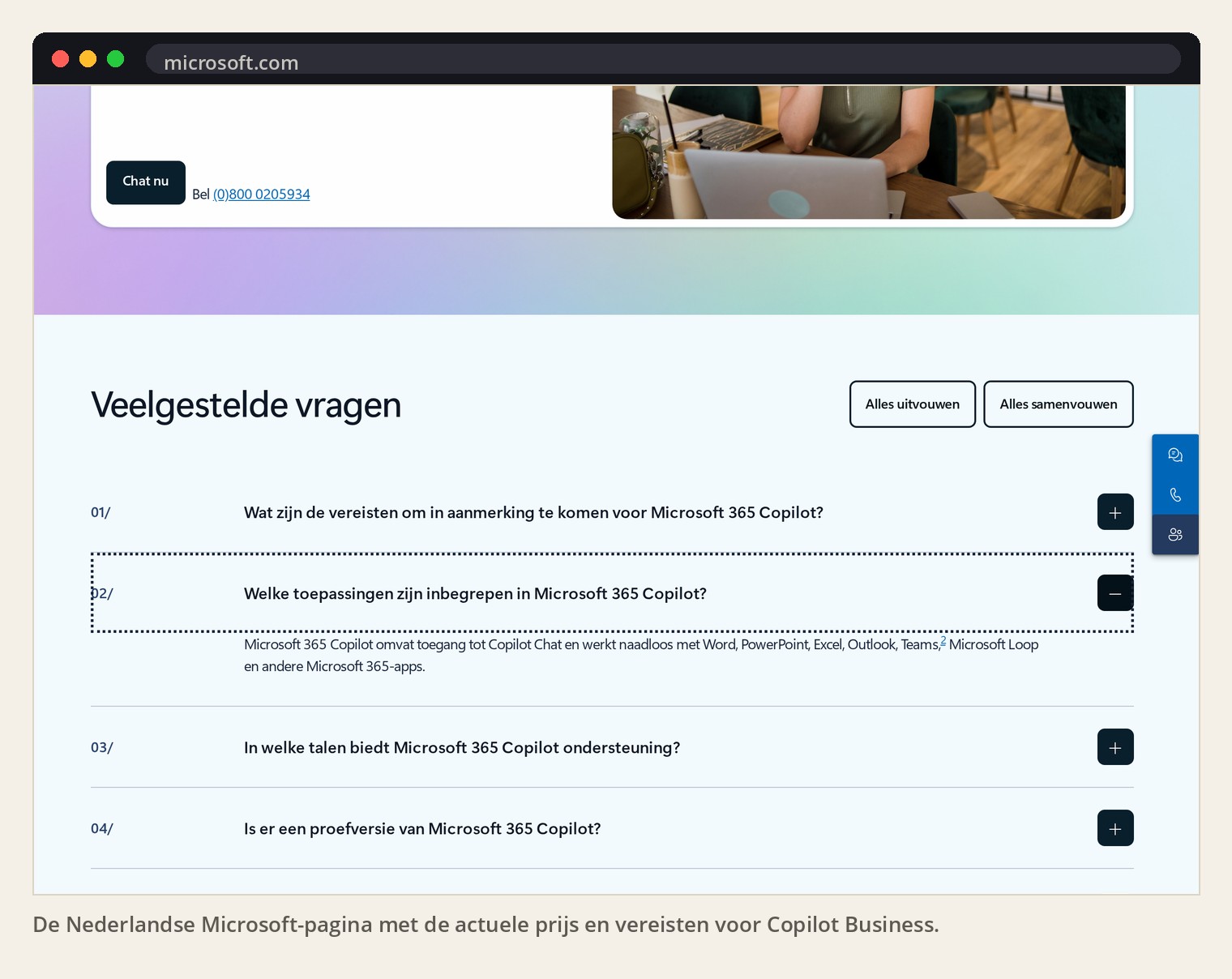 De Nederlandse Microsoft-pagina met de actuele prijs en vereisten voor Copilot Business.