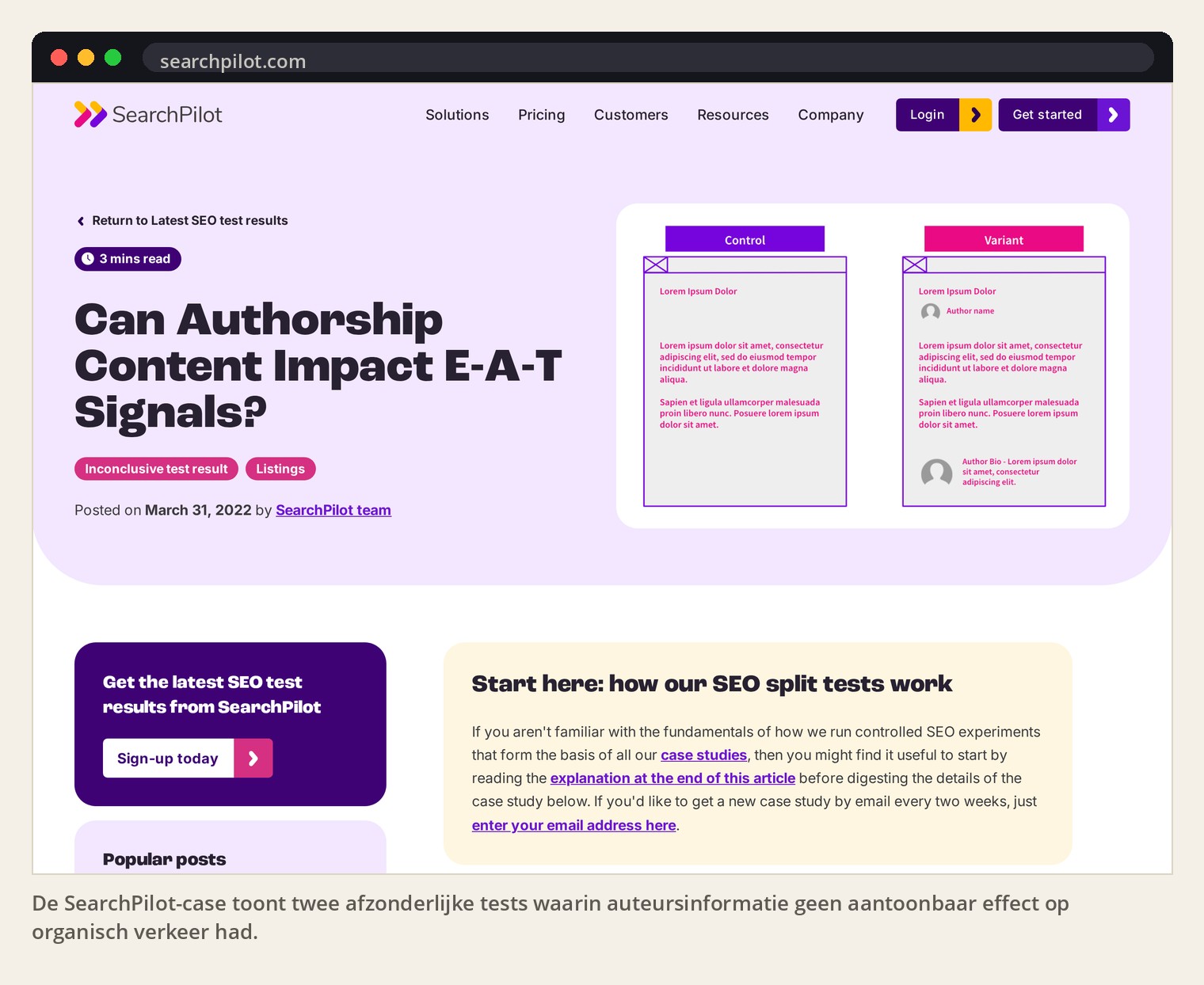 De SearchPilot-case toont twee afzonderlijke tests waarin auteursinformatie geen aantoonbaar effect op organisch verkeer had.