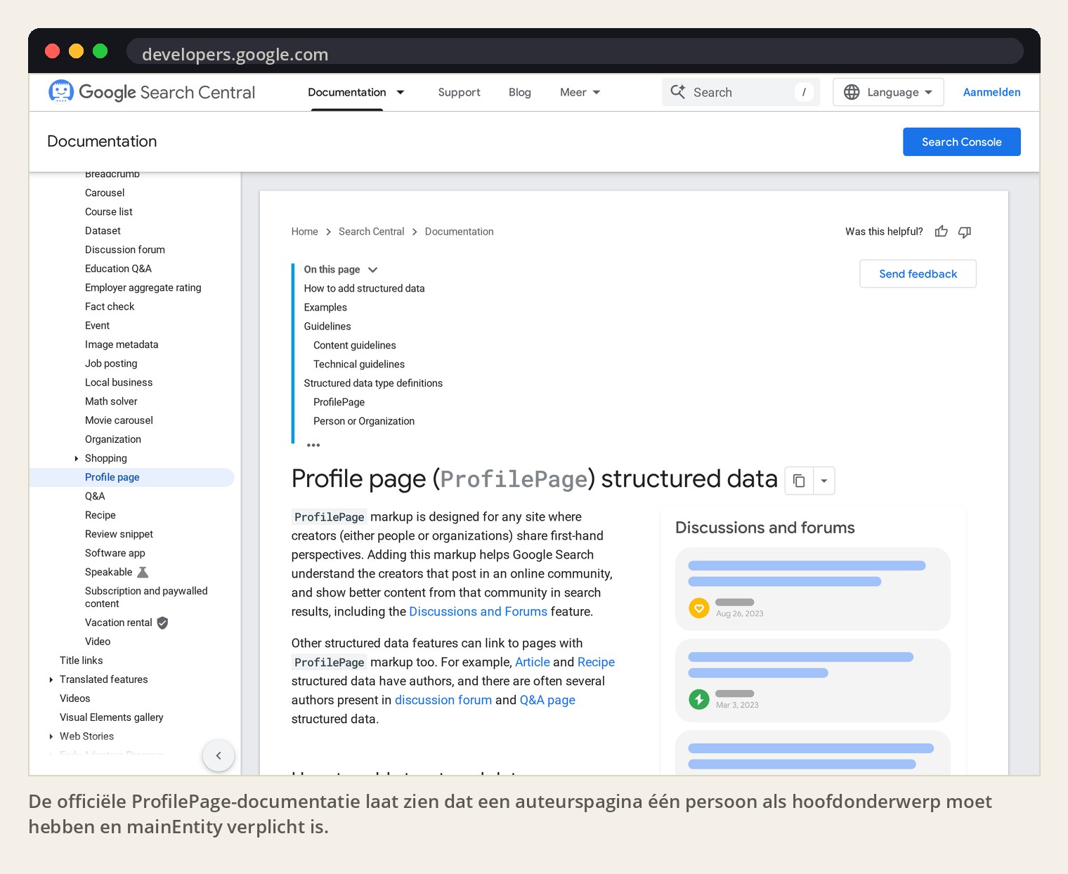 De officiële ProfilePage-documentatie laat zien dat een auteurspagina één persoon als hoofdonderwerp moet hebben en mainEntity verplicht is.