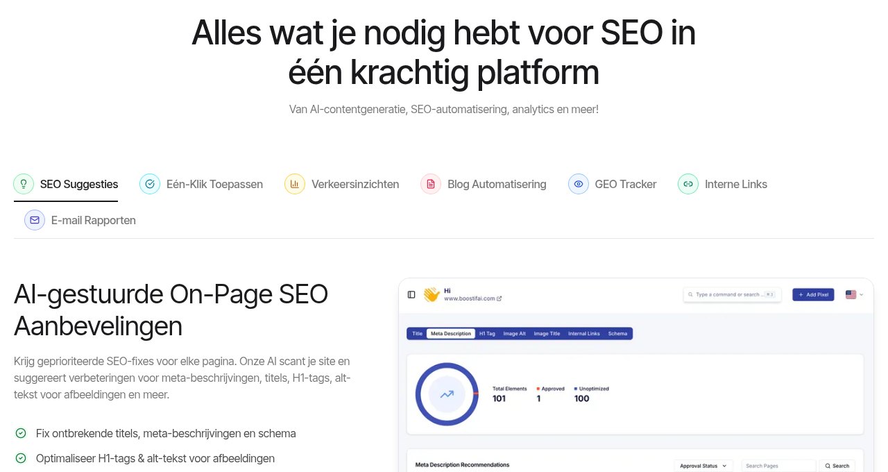 Boostifai functies: SEO-suggesties, blog-automatisering, GEO Tracker