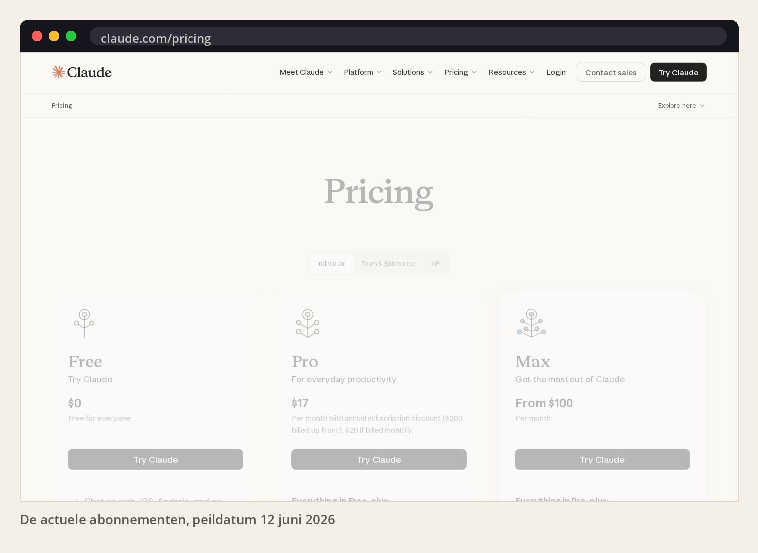 Screenshot van de Claude-prijzenpagina, peildatum 12 juni 2026