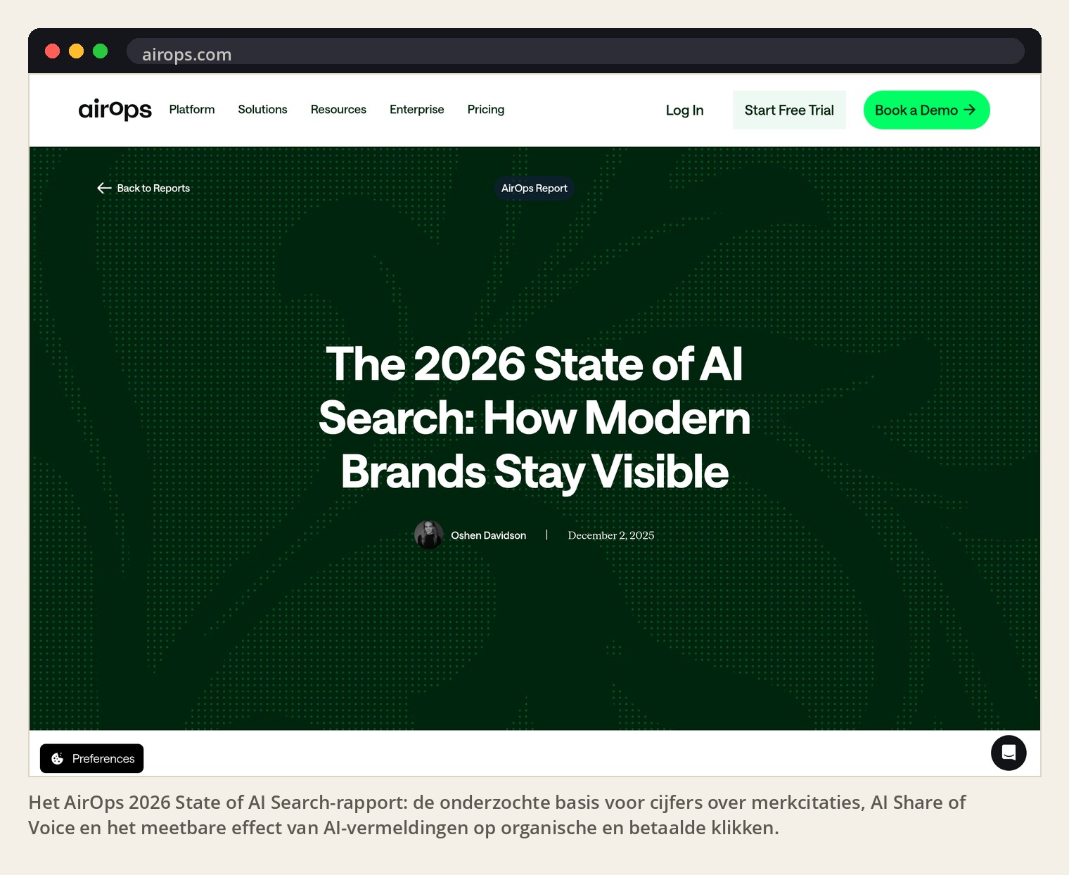 Het AirOps 2026 State of AI Search-rapport: de onderzochte basis voor cijfers over merkcitaties, AI Share of Voice en het meetbare effect van AI-vermeldingen op organische en betaalde klikken.