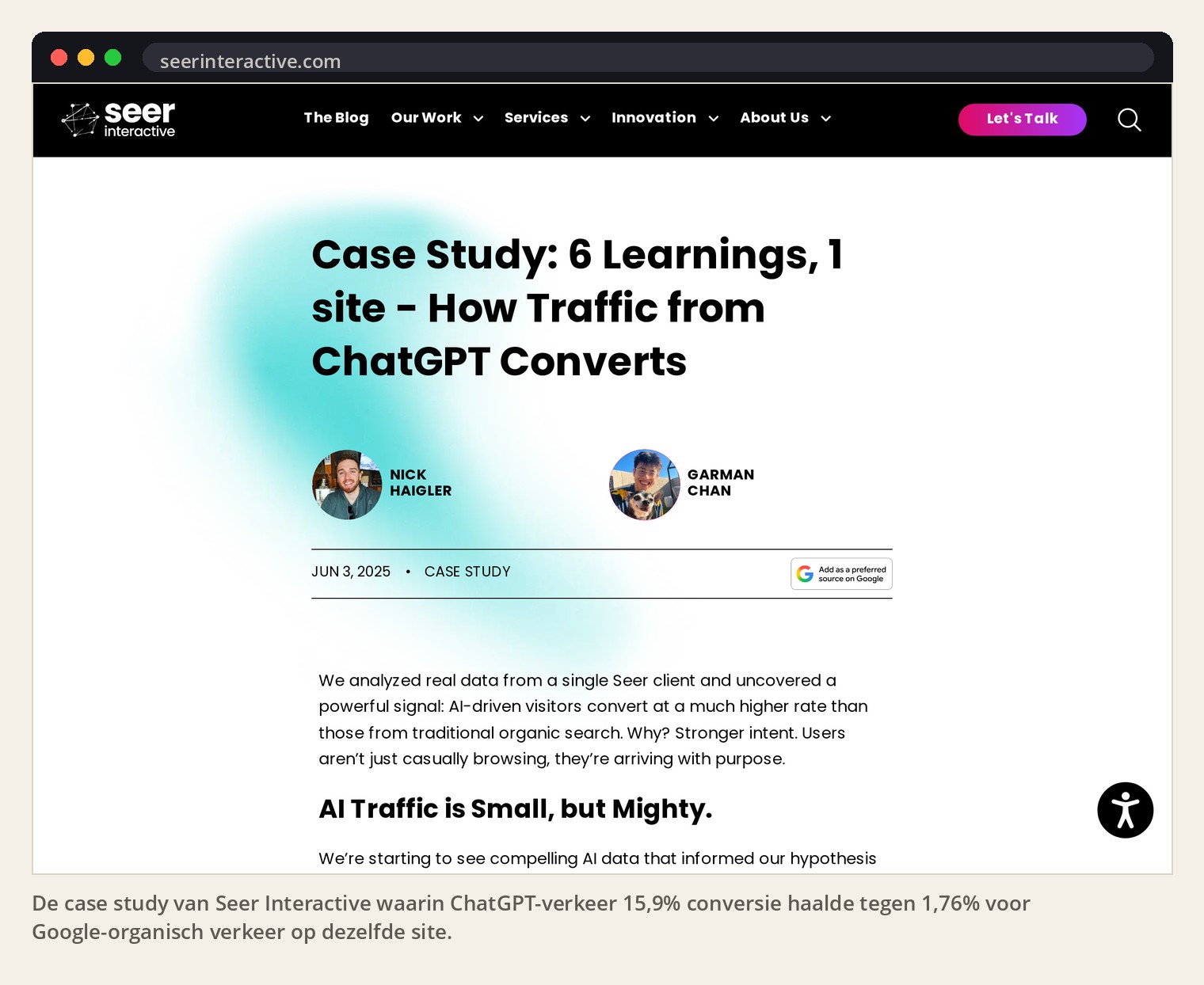 De case study van Seer Interactive waarin ChatGPT-verkeer 15,9% conversie haalde tegen 1,76% voor Google-organisch verkeer op dezelfde site.