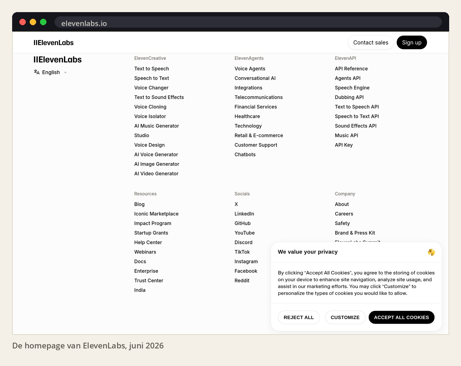 De homepage van ElevenLabs in juni 2026