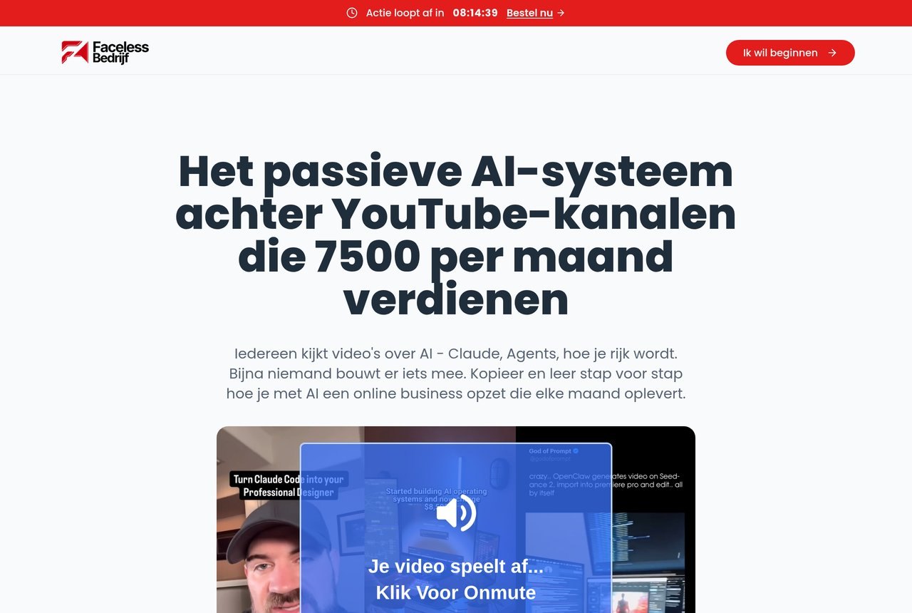 Salespage Faceless Bedrijf met de belofte 7500 euro per maand