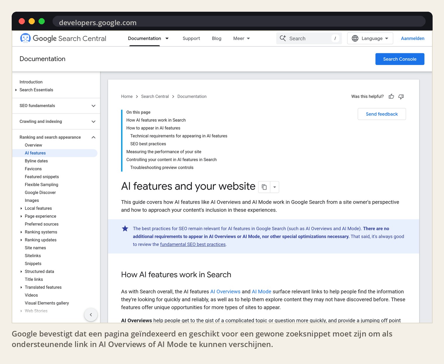 Google bevestigt dat een pagina geïndexeerd en geschikt voor een gewone zoeksnippet moet zijn om als ondersteunende link in AI Overviews of AI Mode te kunnen verschijnen.