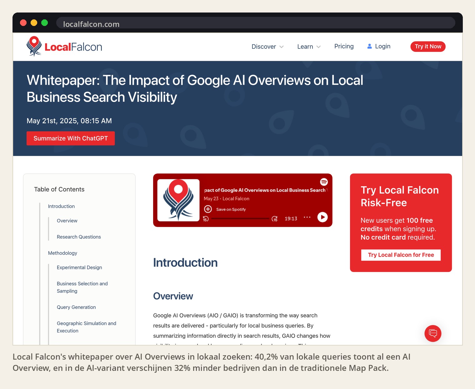 Local Falcon's whitepaper over AI Overviews in lokaal zoeken: 40,2% van lokale queries toont al een AI Overview, en in de AI-variant verschijnen 32% minder bedrijven dan in de traditionele Map Pack.