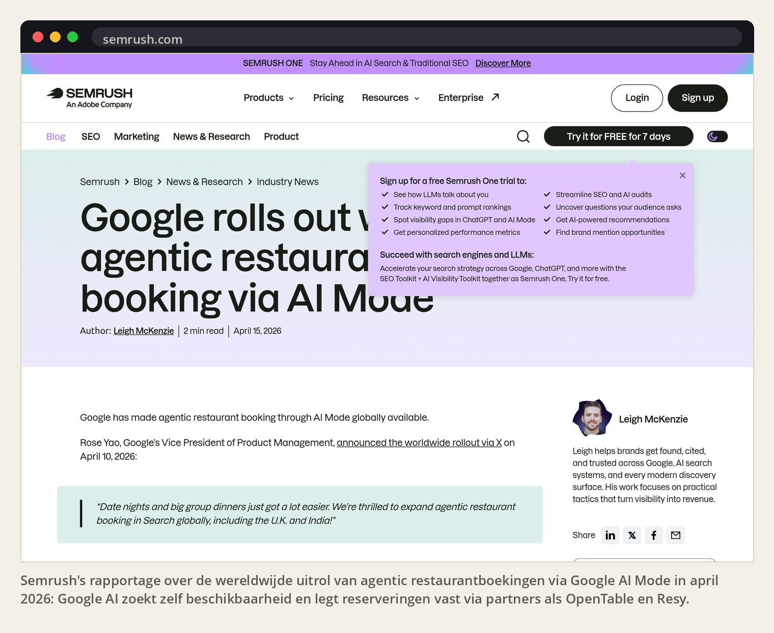 Semrush's rapportage over de wereldwijde uitrol van agentic restaurantboekingen via Google AI Mode in april 2026: Google AI zoekt zelf beschikbaarheid en legt reserveringen vast via partners als OpenTable en Resy.