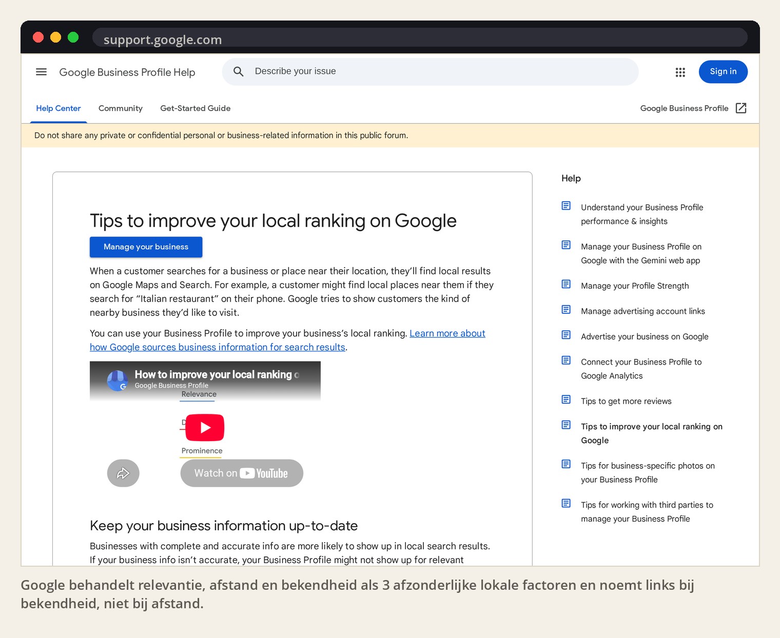 Google behandelt relevantie, afstand en bekendheid als 3 afzonderlijke lokale factoren en noemt links bij bekendheid, niet bij afstand.