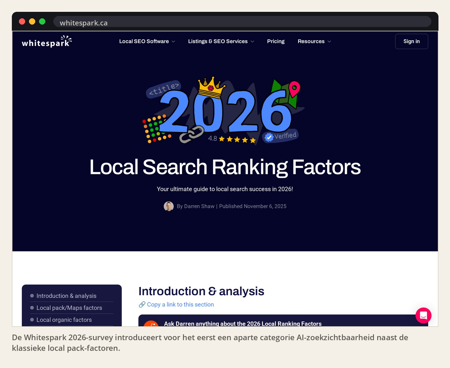 De Whitespark 2026-survey introduceert voor het eerst een aparte categorie AI-zoekzichtbaarheid naast de klassieke local pack-factoren.