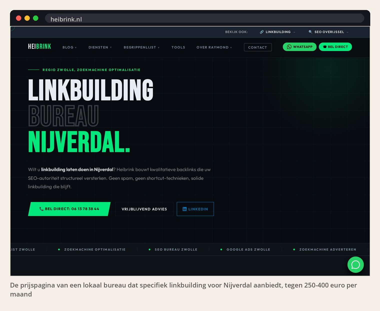 De prijspagina van een lokaal bureau dat specifiek linkbuilding voor Nijverdal aanbiedt, tegen 250-400 euro per maand