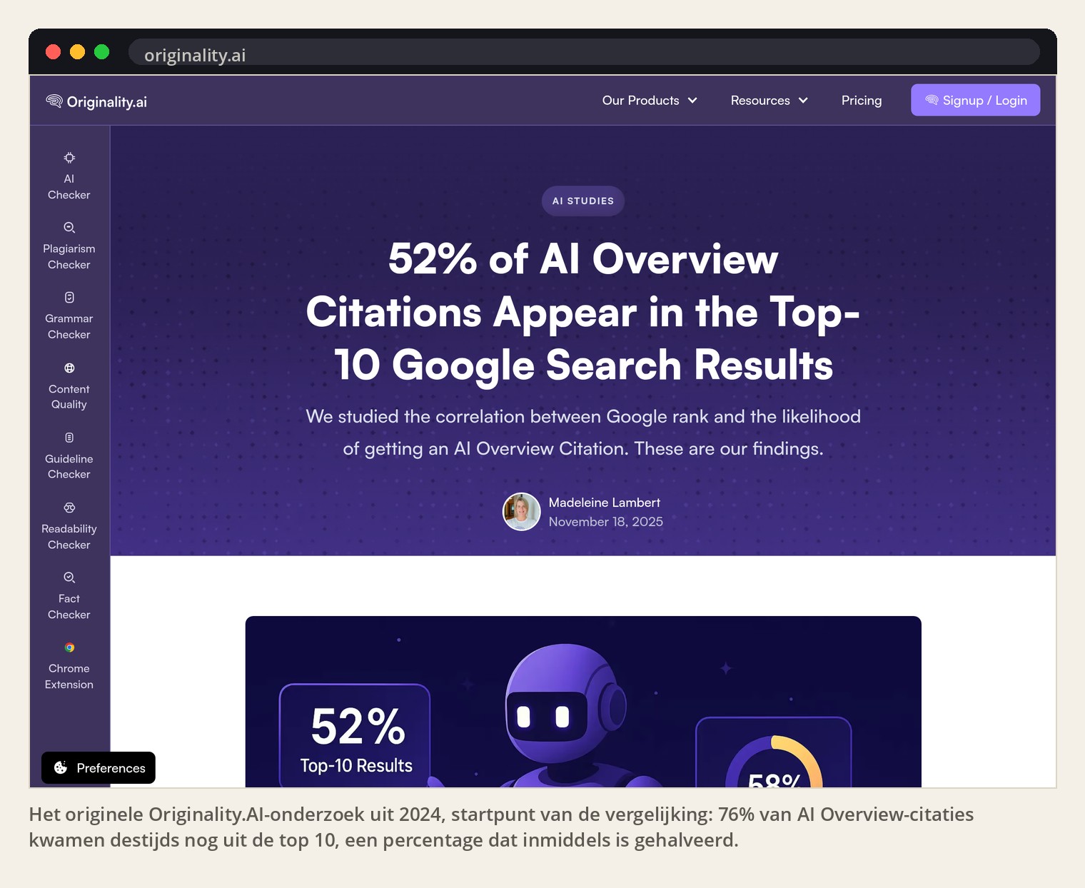 Het originele Originality.AI-onderzoek uit 2024, startpunt van de vergelijking: 76% van AI Overview-citaties kwamen destijds nog uit de top 10, een percentage dat inmiddels is gehalveerd.