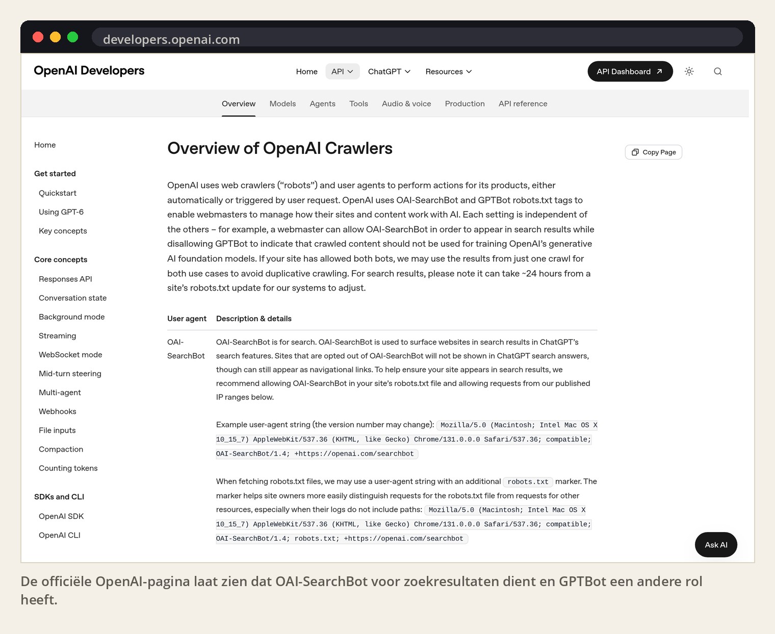 De officiële OpenAI-pagina laat zien dat OAI-SearchBot voor zoekresultaten dient en GPTBot een andere rol heeft.