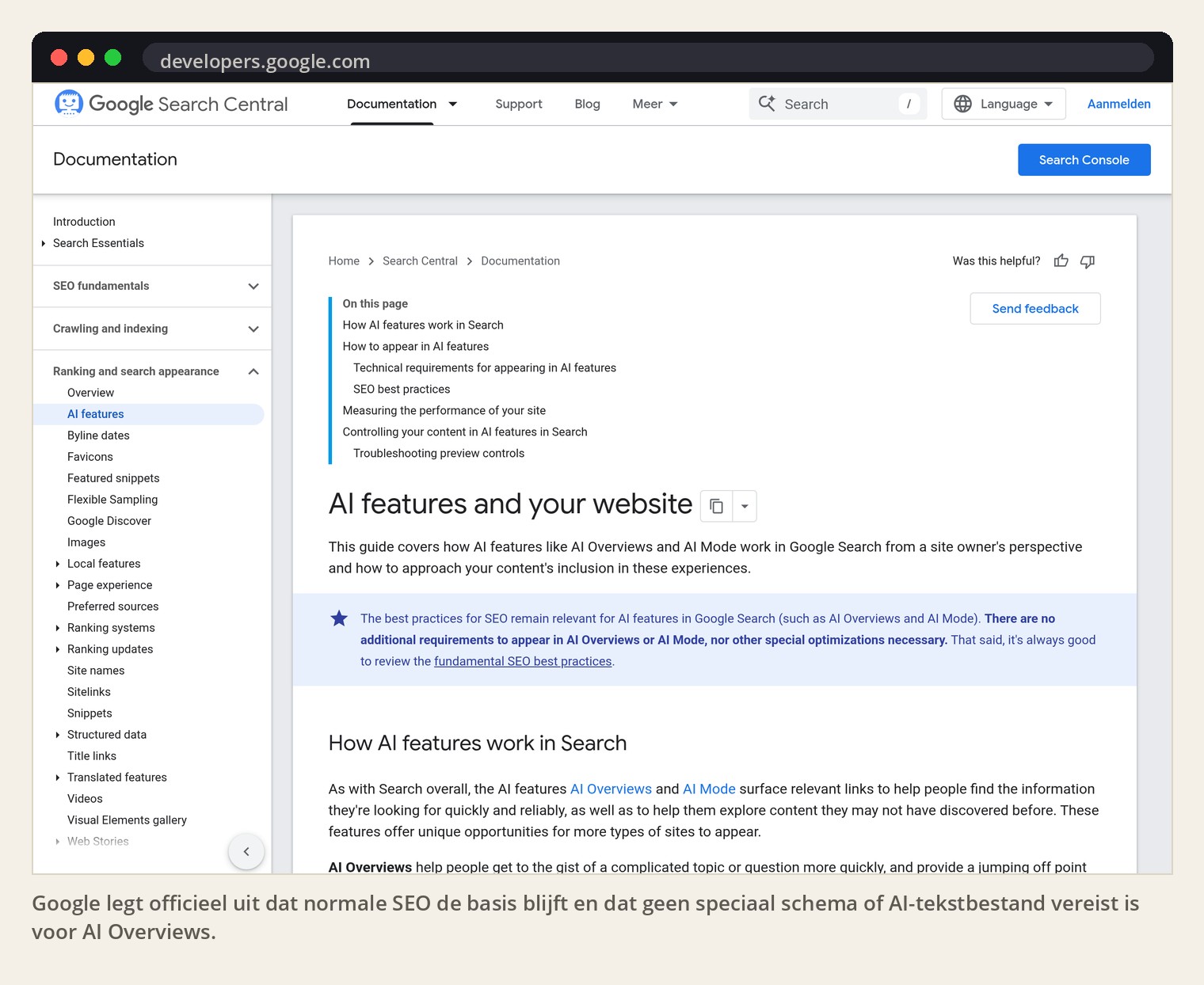 Google legt officieel uit dat normale SEO de basis blijft en dat geen speciaal schema of AI-tekstbestand vereist is voor AI Overviews.