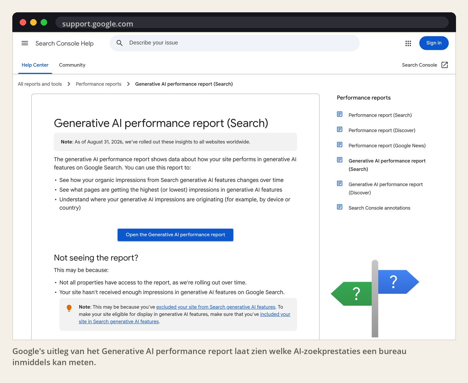 Google's uitleg van het Generative AI performance report laat zien welke AI-zoekprestaties een bureau inmiddels kan meten.